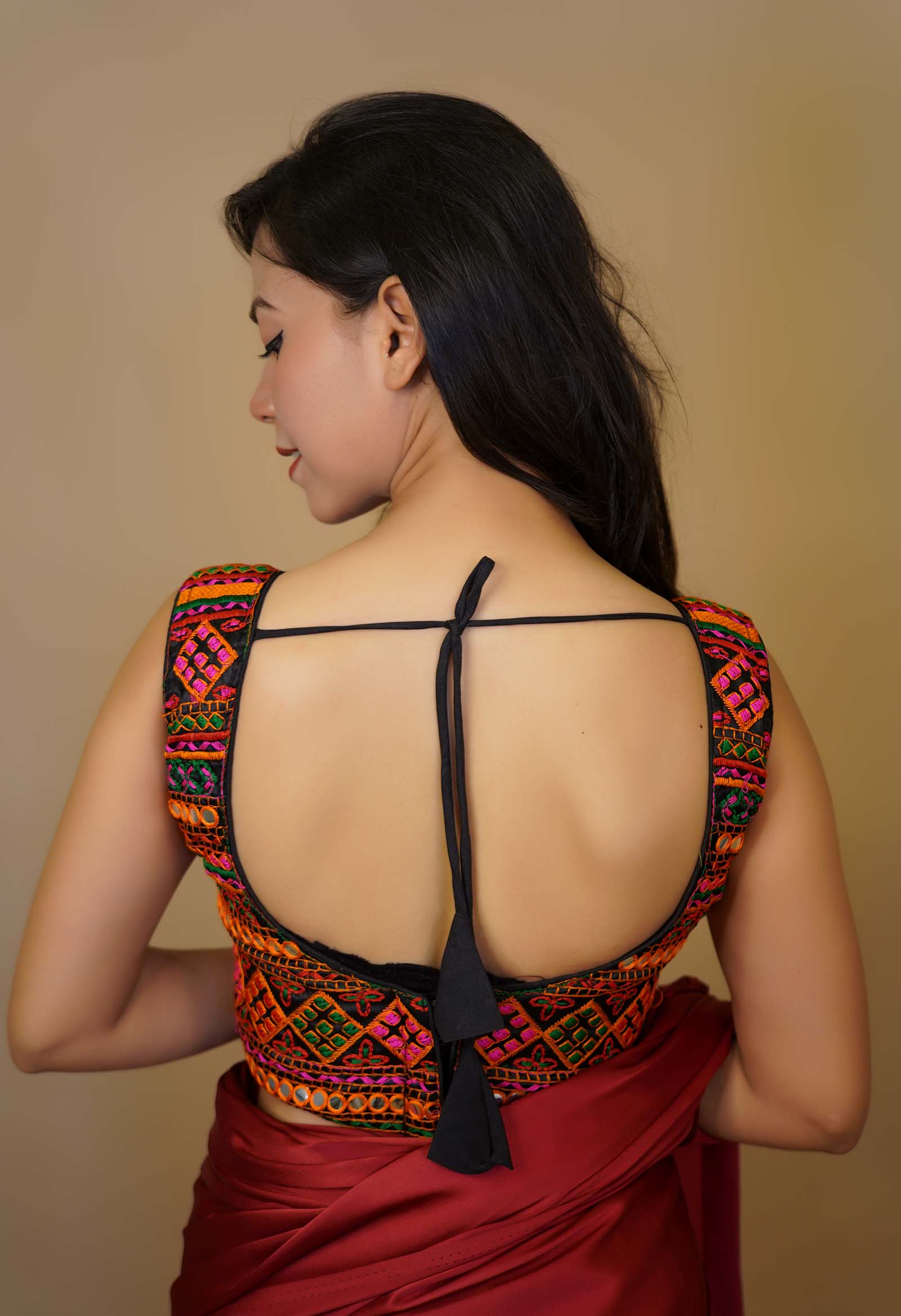 Colorful Thread Embroidered With Mirror Embellished  Gujarati style U Neck With Padded Blouse
