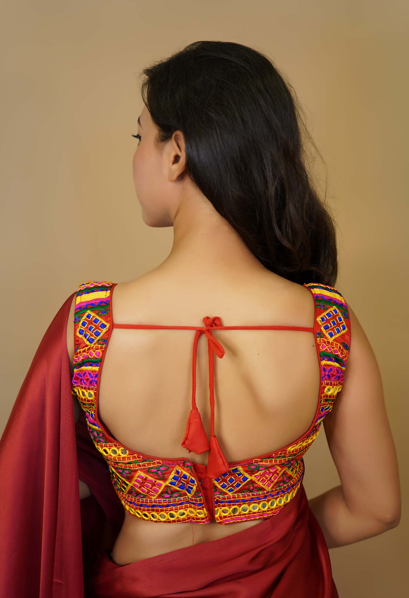 Colorful Thread Embroidered U  Neck Gujaratis pattern with padded & Tying Back Designer Blouse