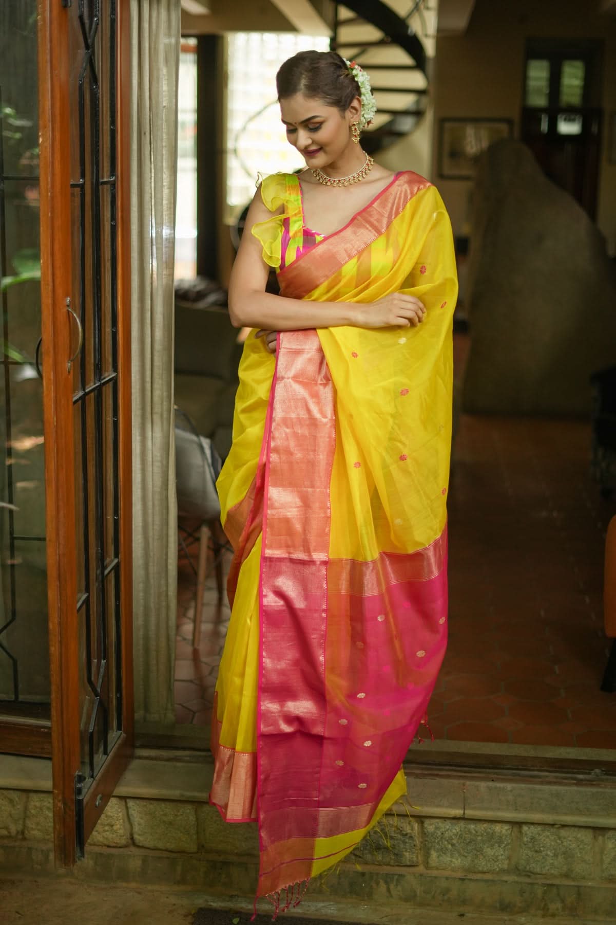 Handwoven Maheshwari Silk Cotton Saree in Yellow and Pink with zari borders | Shobitam