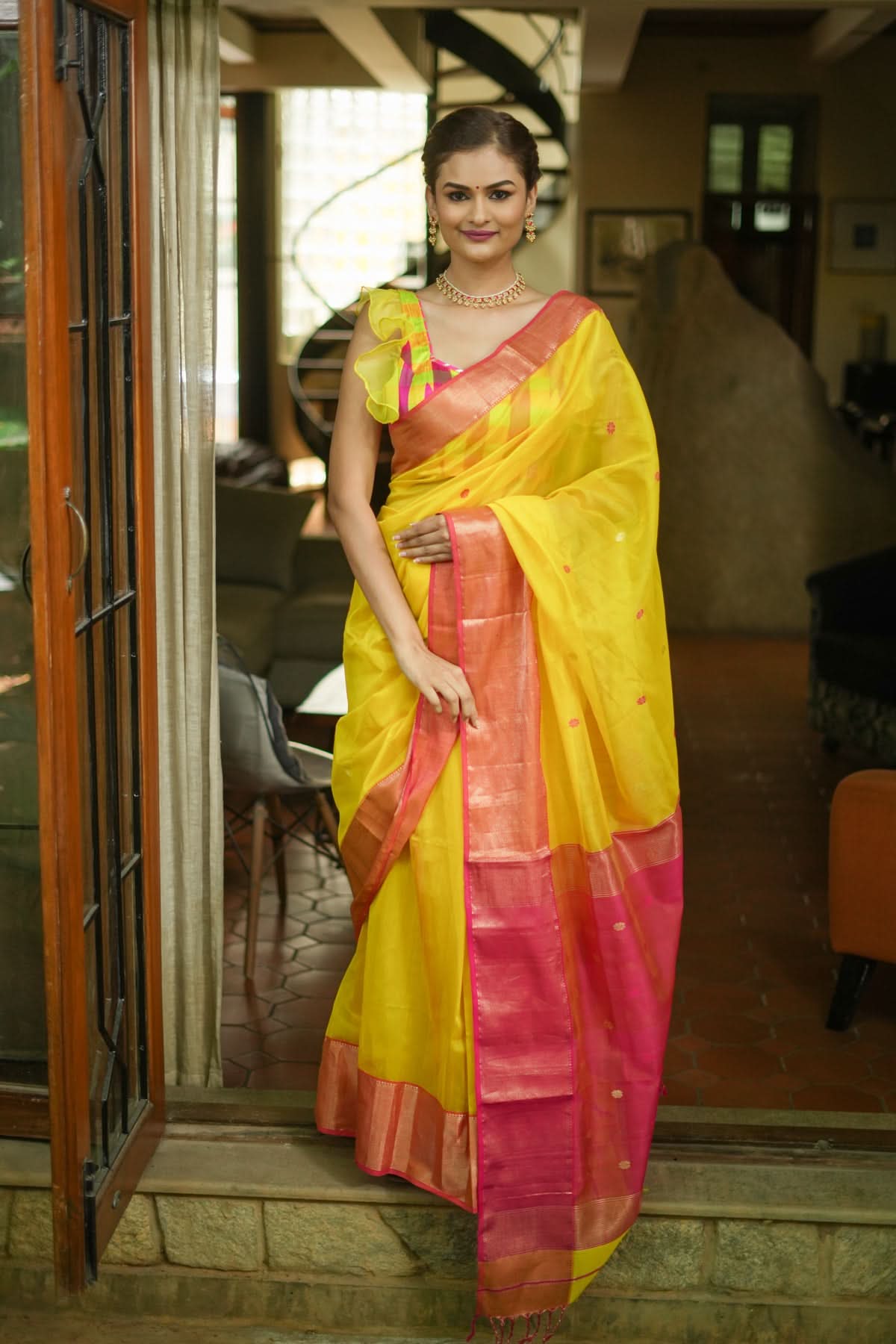 Handwoven Maheshwari Silk Cotton Saree in Yellow and Pink with zari borders | Shobitam
