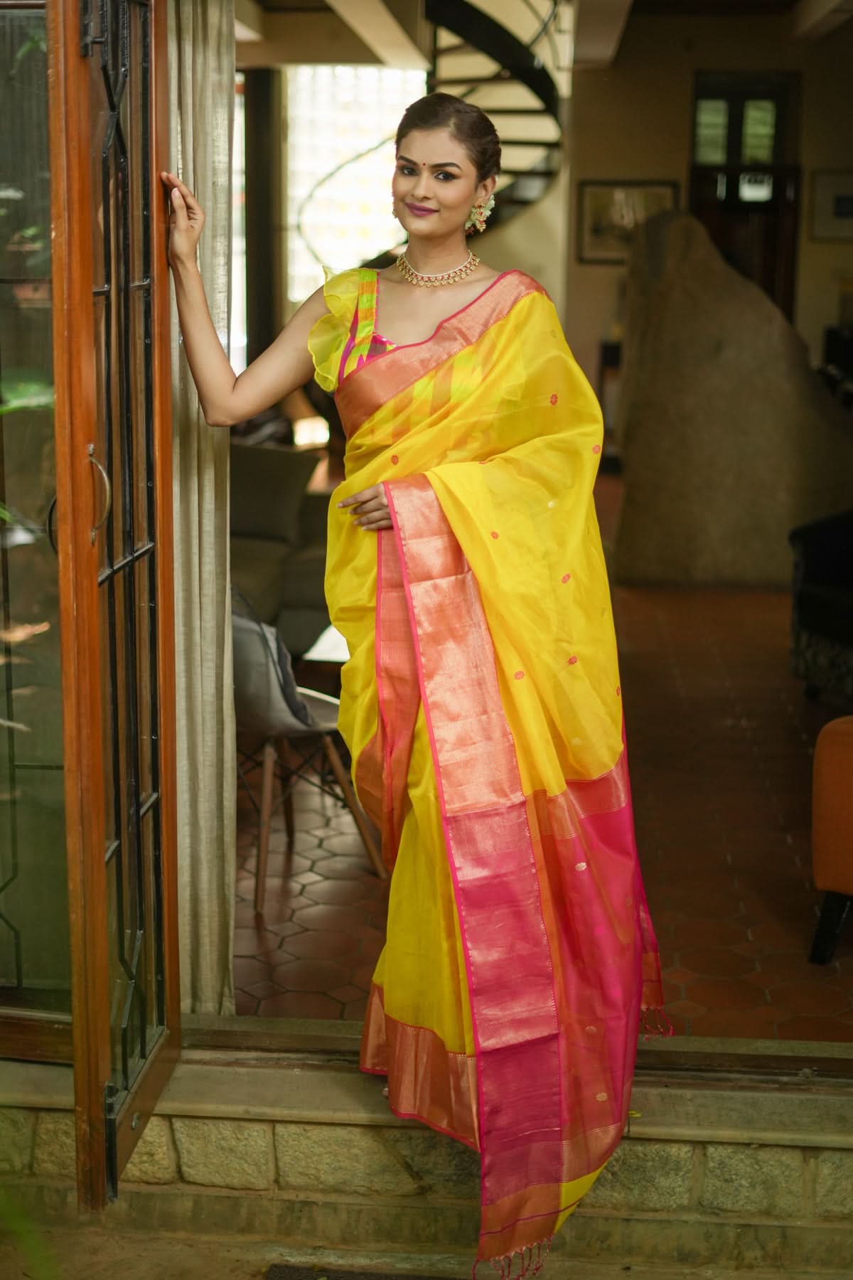 Handwoven Maheshwari Silk Cotton Saree in Yellow and Pink with zari borders | Shobitam