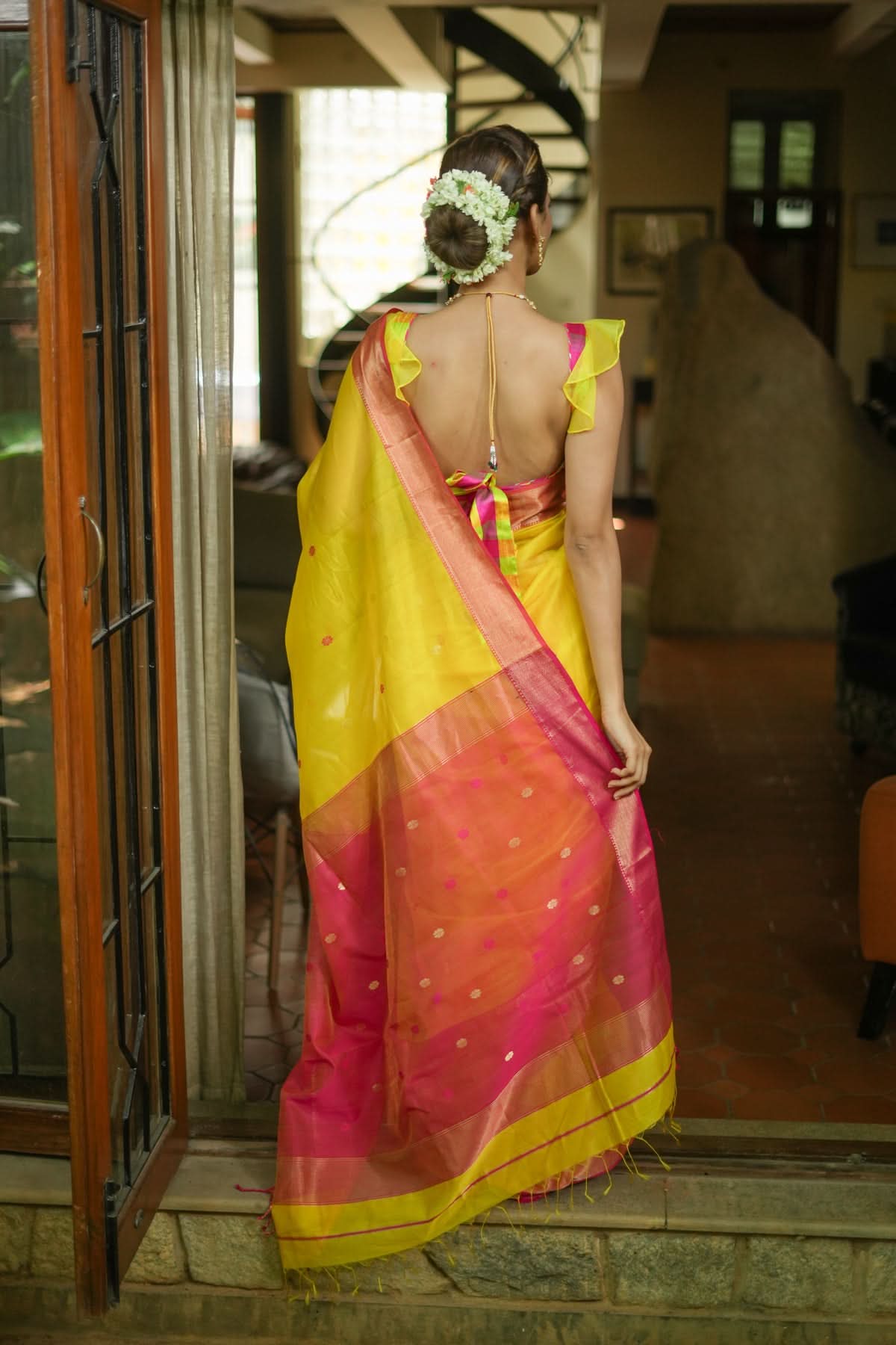 Handwoven Maheshwari Silk Cotton Saree in Yellow and Pink with zari borders | Shobitam