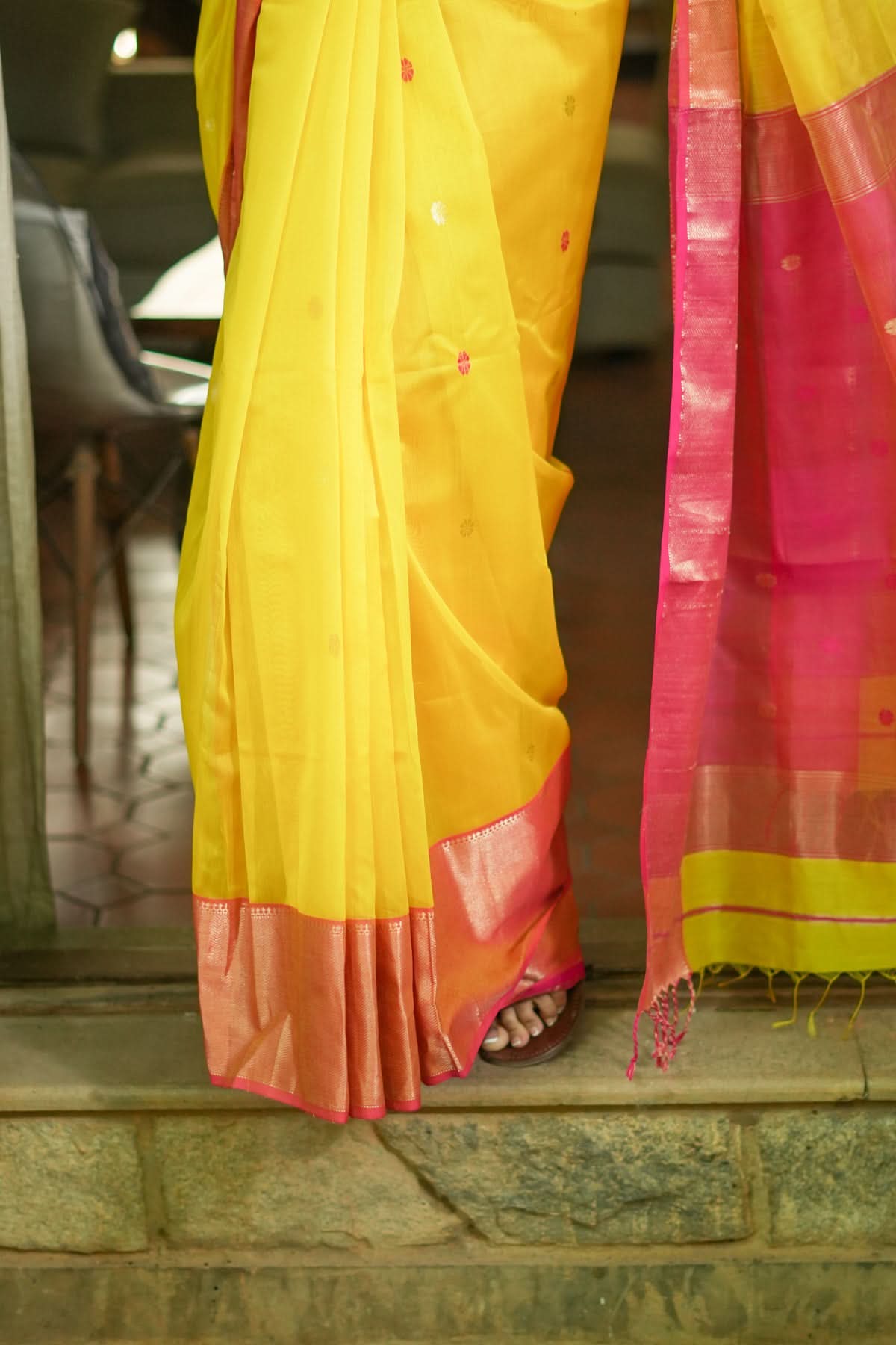 Handwoven Maheshwari Silk Cotton Saree in Yellow and Pink with zari borders | Shobitam