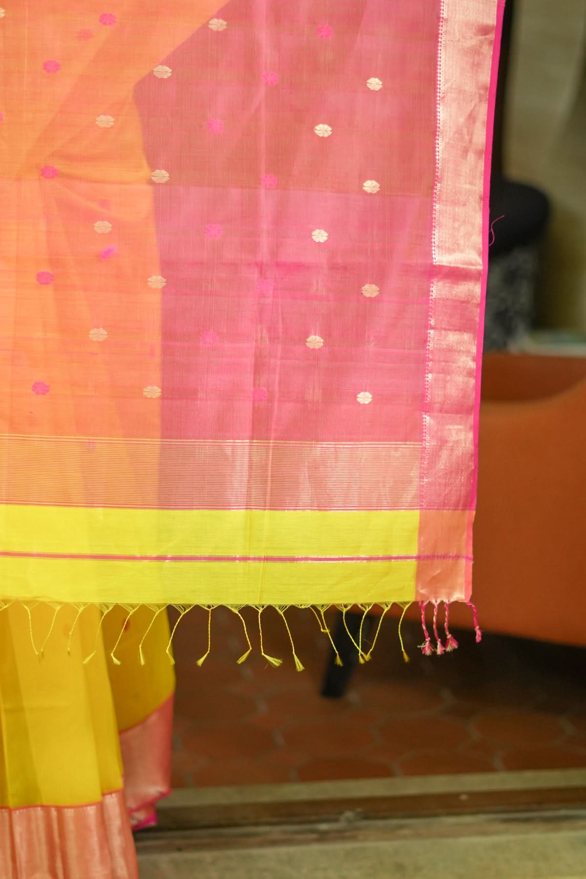 Handwoven Maheshwari Silk Cotton Saree in Yellow and Pink with zari borders | Shobitam