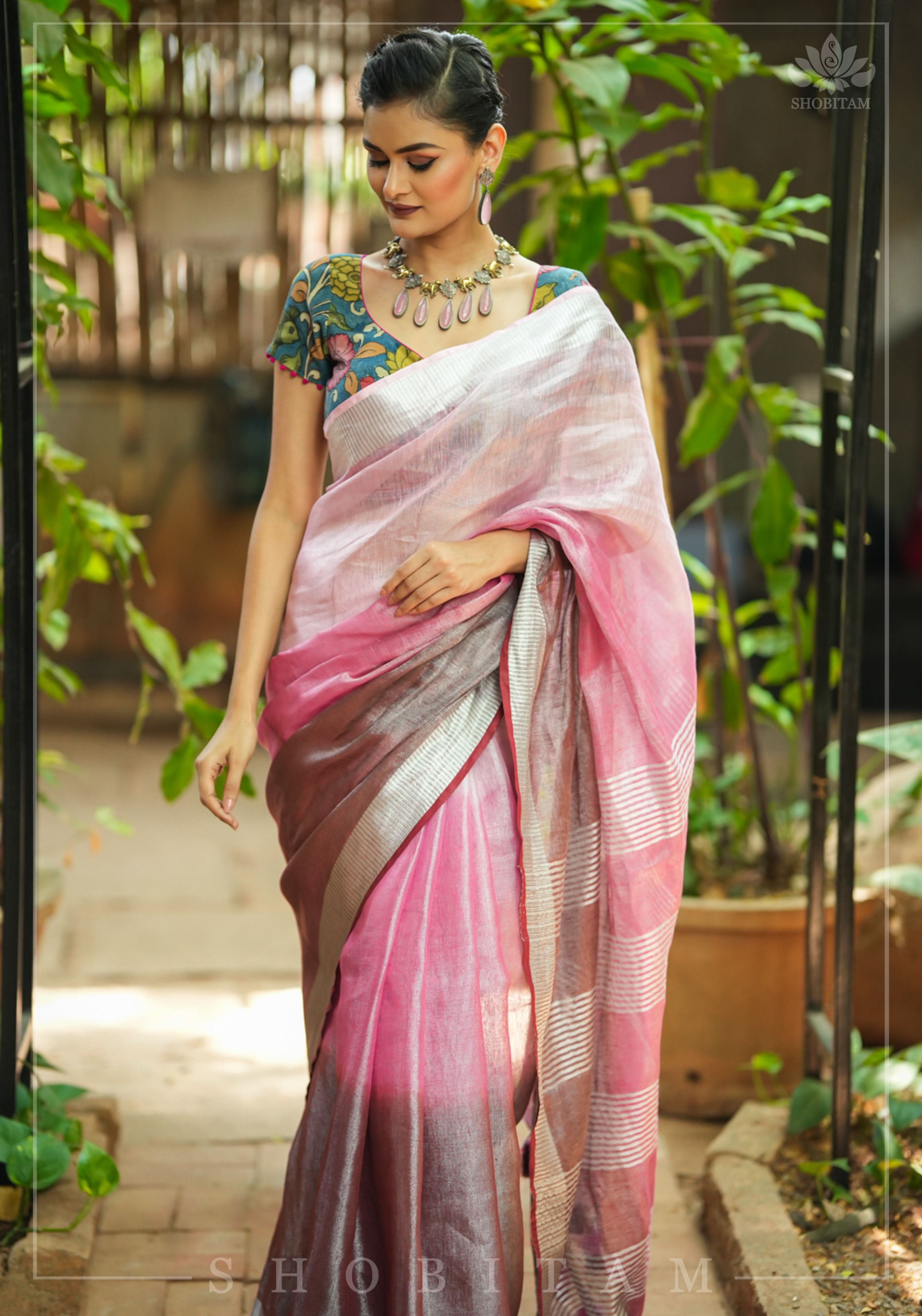 Blush pink burgundy Ombre Silver Tissue Linen Saree with Silver Ribbed Borders | Shobitam