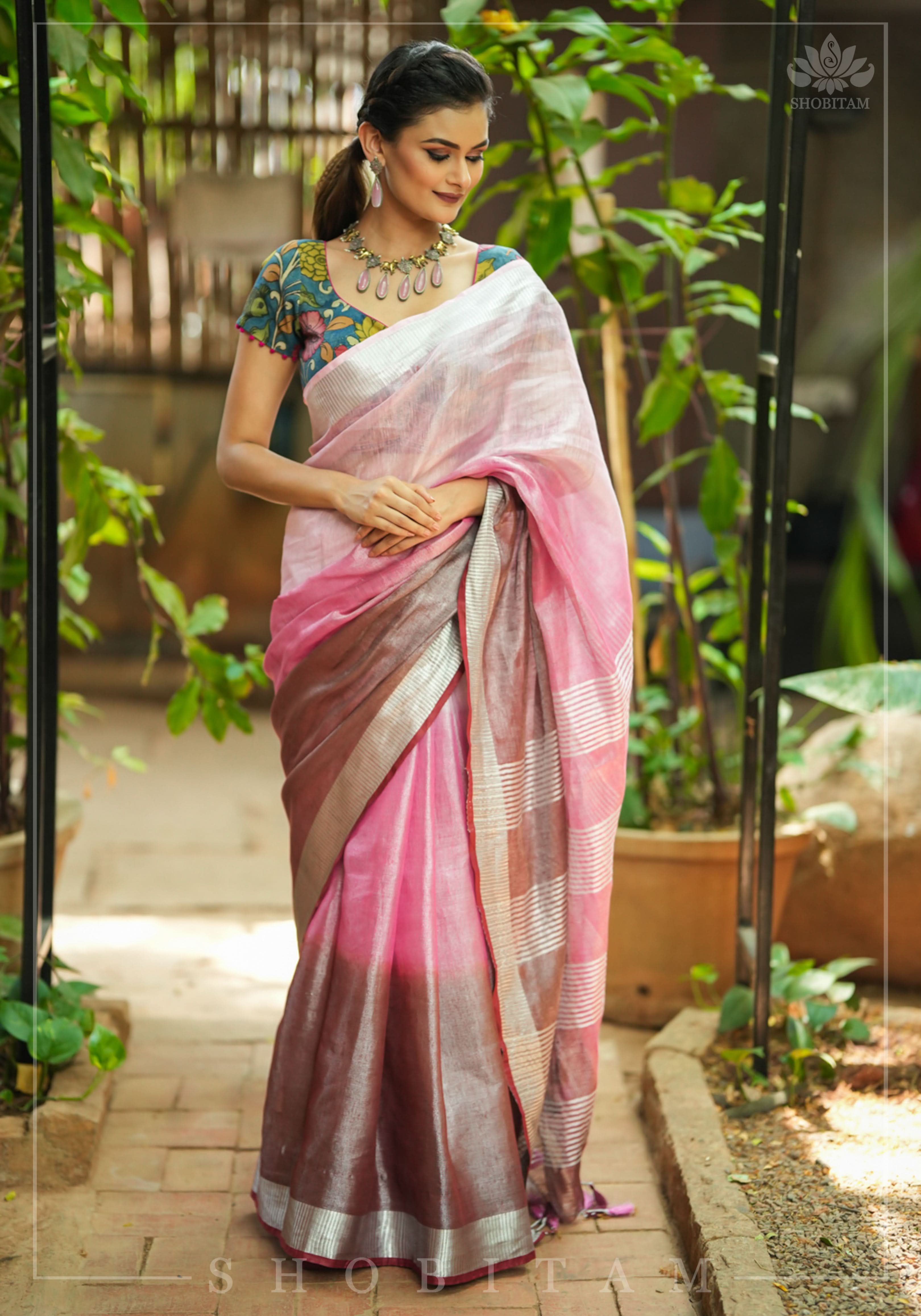 Blush pink burgundy Ombre Silver Tissue Linen Saree with Silver Ribbed Borders | Shobitam