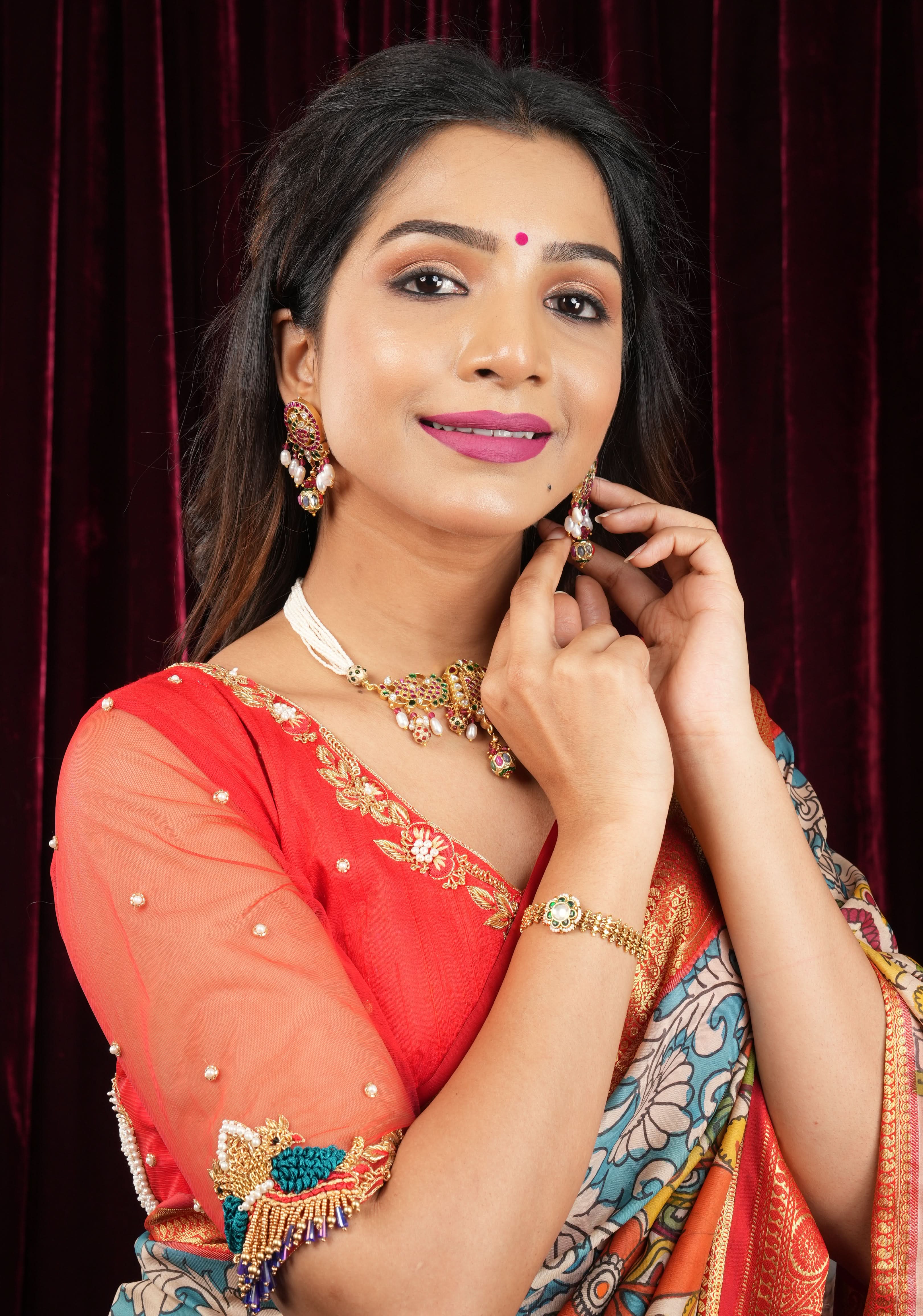 Red Pure Raw silk with Zardosi handwork Peacock design on Net Back and Sleeves | Shobitam