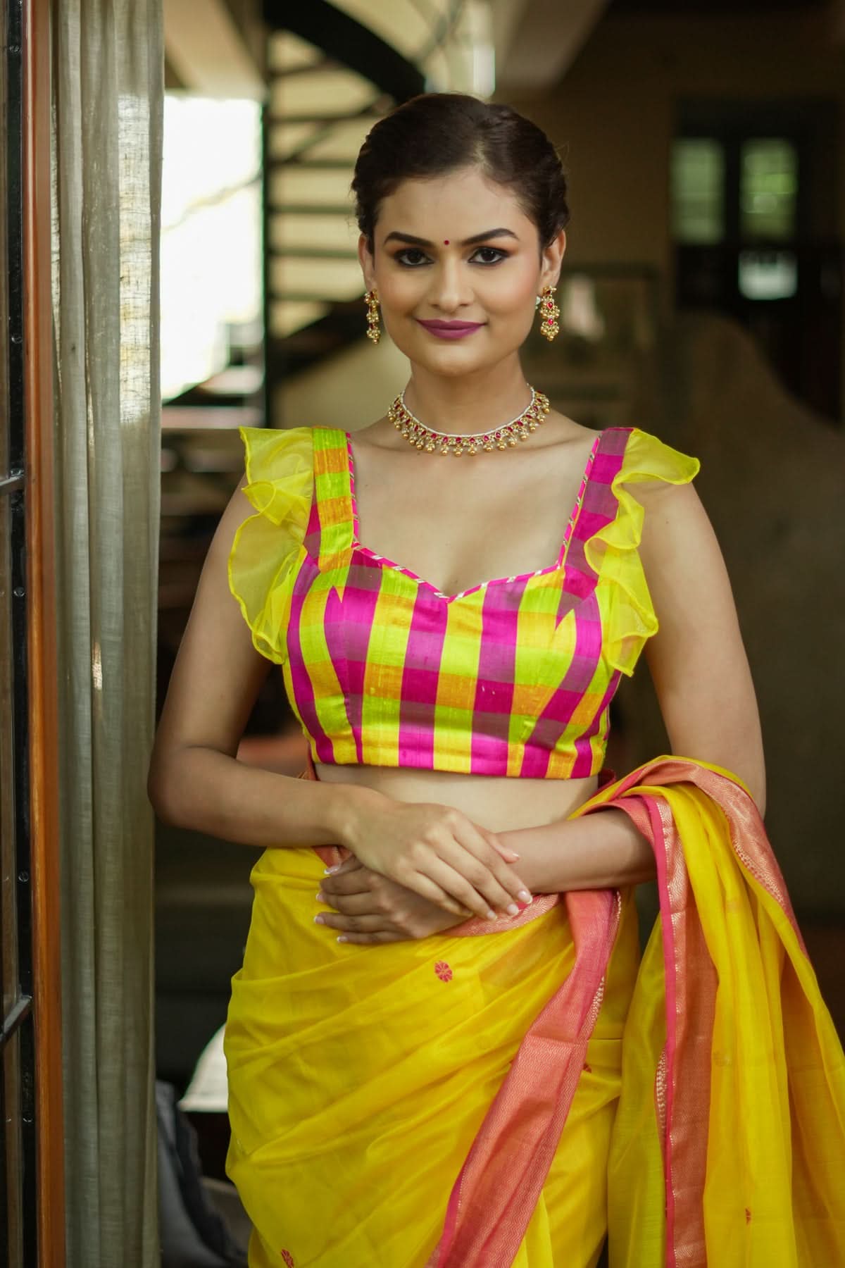 Sunshine Yellow Pink Checked Pure Raw Silk Sweetheart neck blouse | Shobitam
