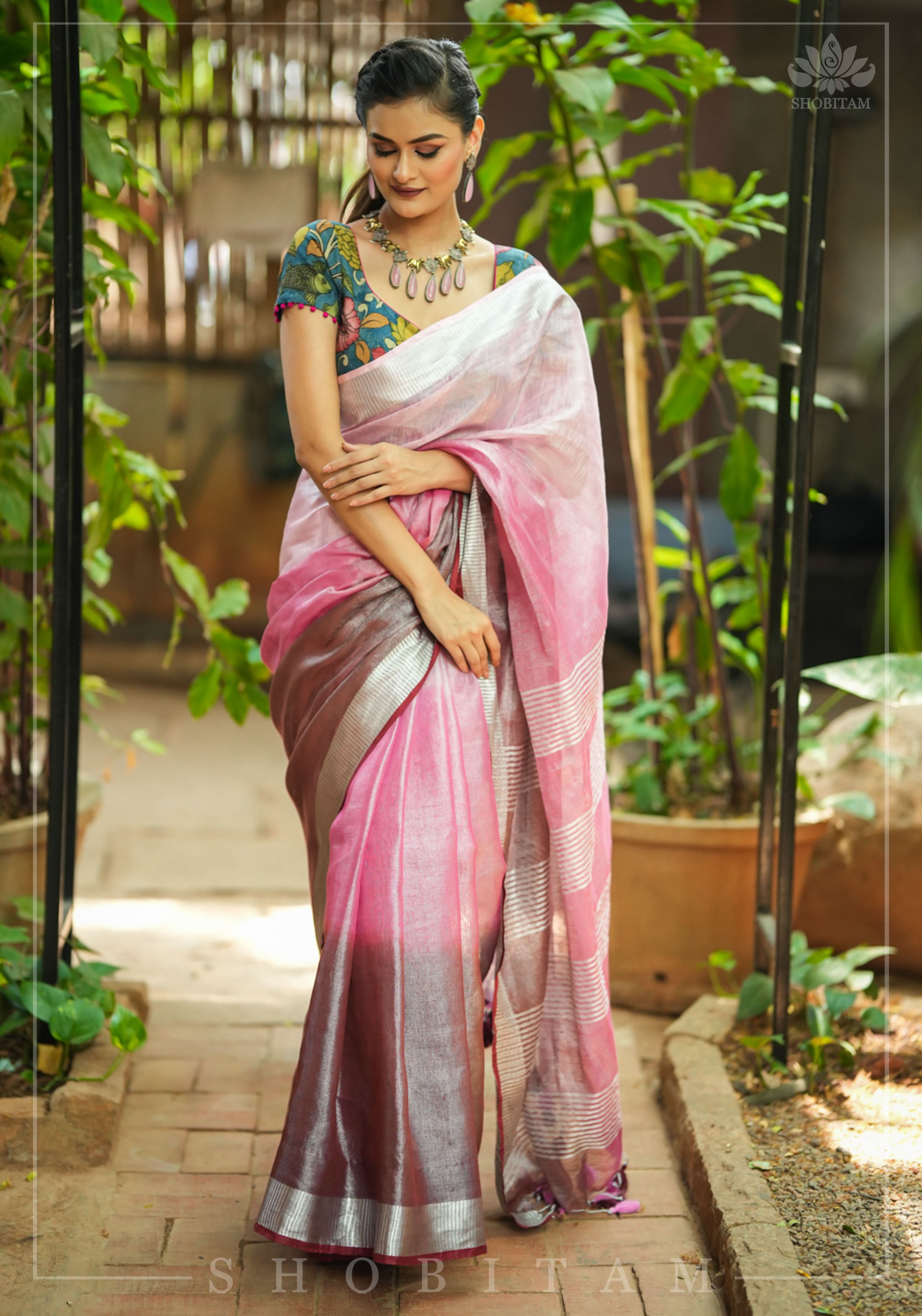 Blush pink burgundy Ombre Silver Tissue Linen Saree with Silver Ribbed Borders | Shobitam