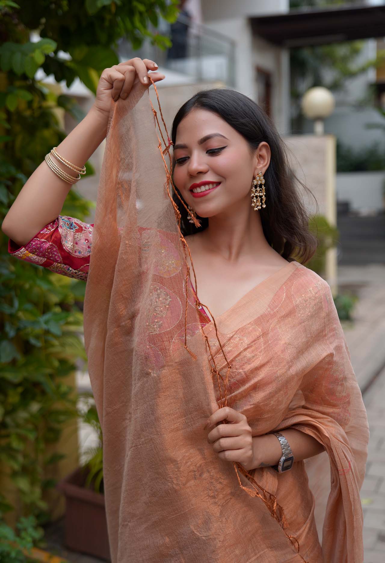 Golden Dhoop Chaav Metallic Tissue  With Tassels on Pallu Wrap In One Minute saree