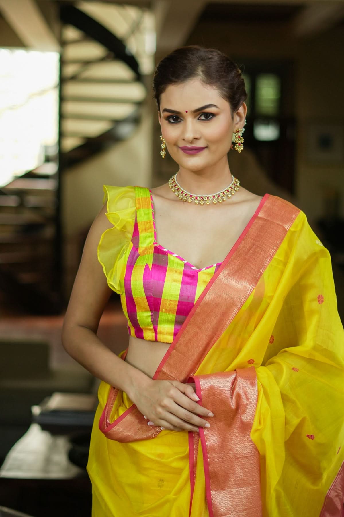 Sunshine Yellow Pink Checked Pure Raw Silk Sweetheart neck blouse | Shobitam