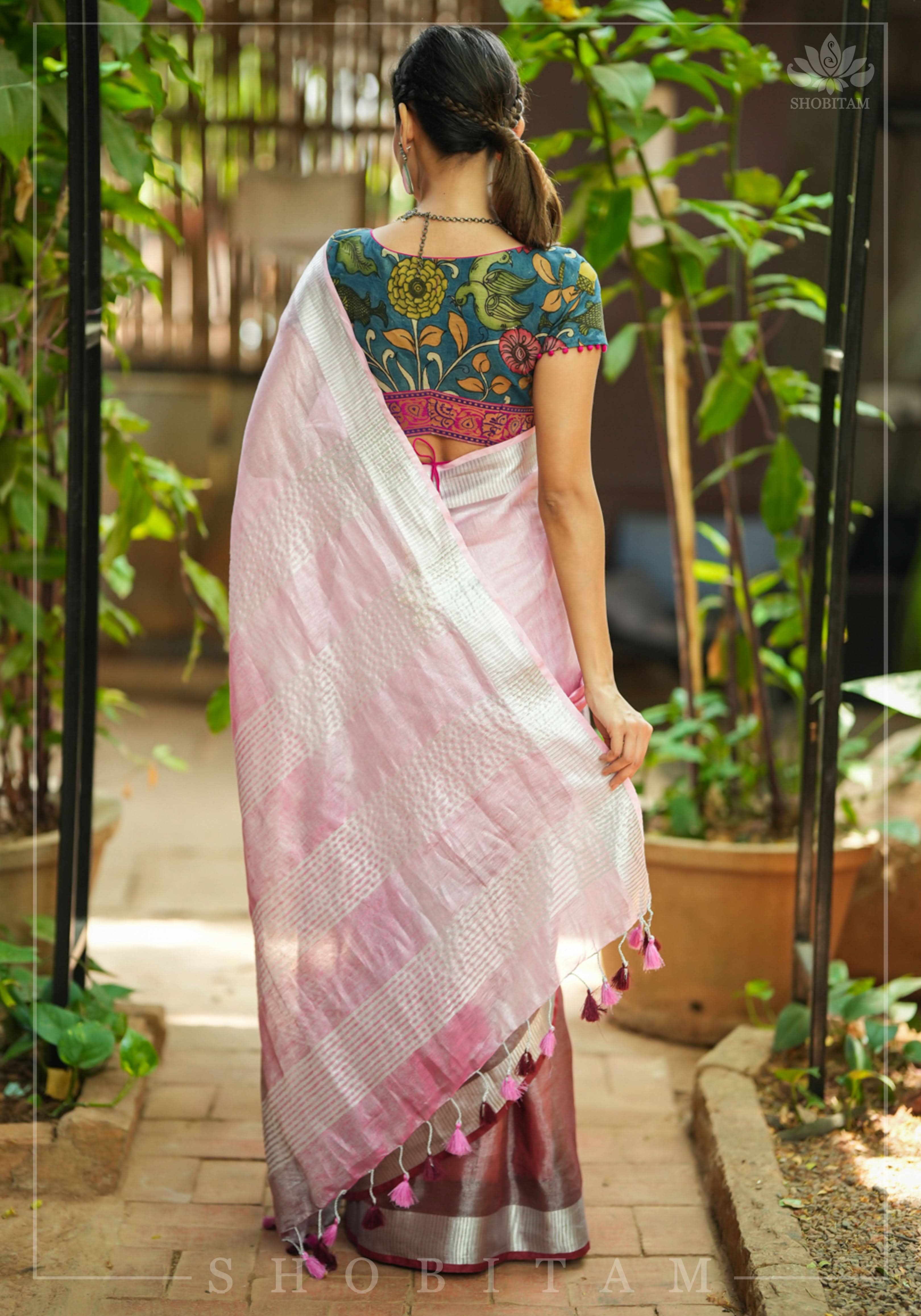 Blush pink burgundy Ombre Silver Tissue Linen Saree with Silver Ribbed Borders | Shobitam