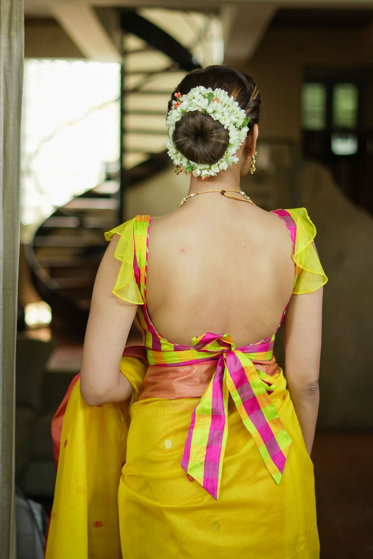 Sunshine Yellow Pink Checked Pure Raw Silk Sweetheart neck blouse | Shobitam