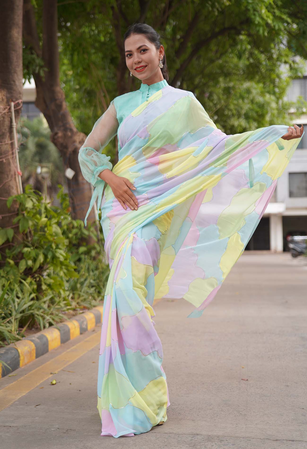 Bollywood inspired summery georgette Wrap In One Minute saree