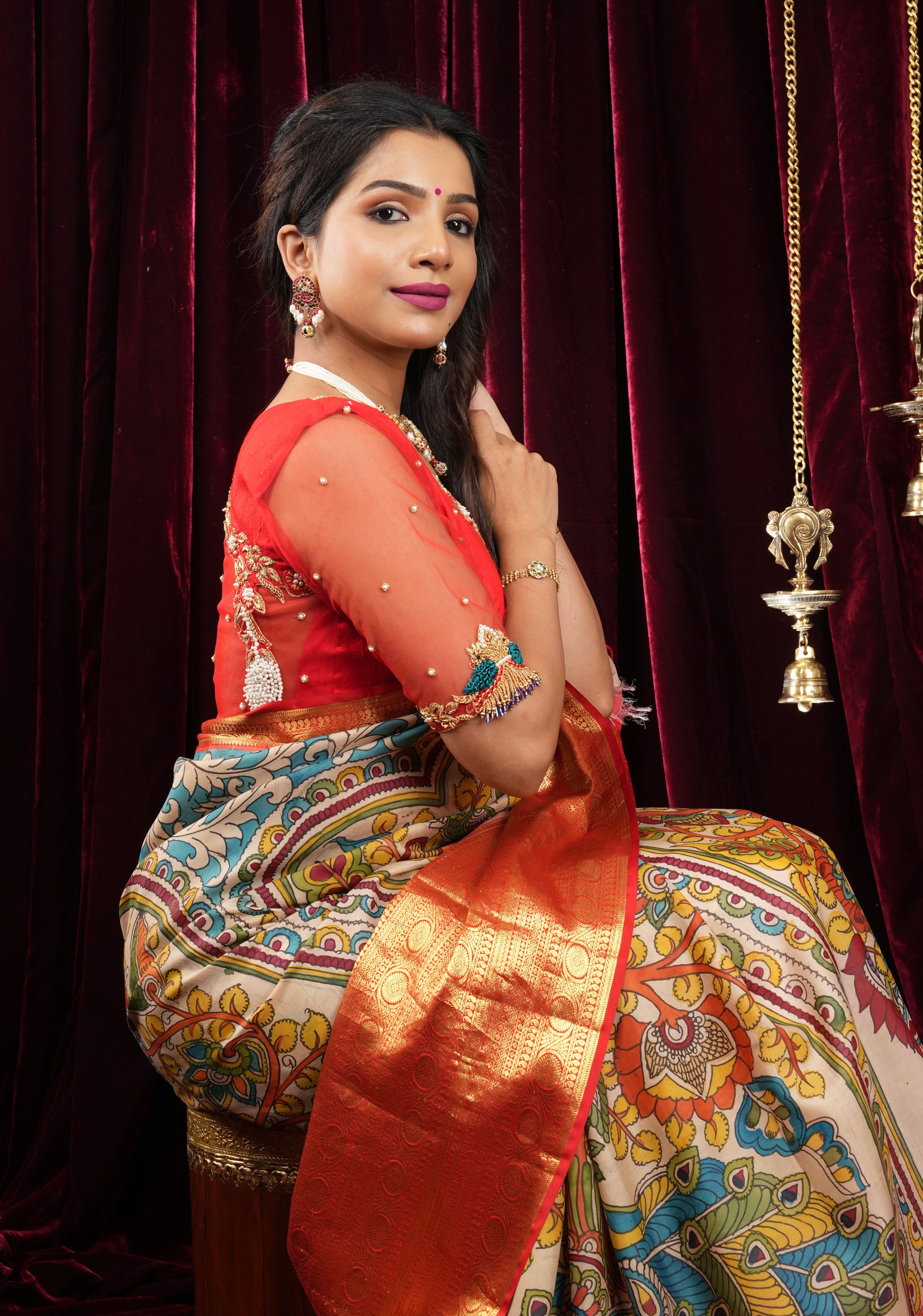 Red Pure Raw silk with Zardosi handwork Peacock design on Net Back and Sleeves | Shobitam