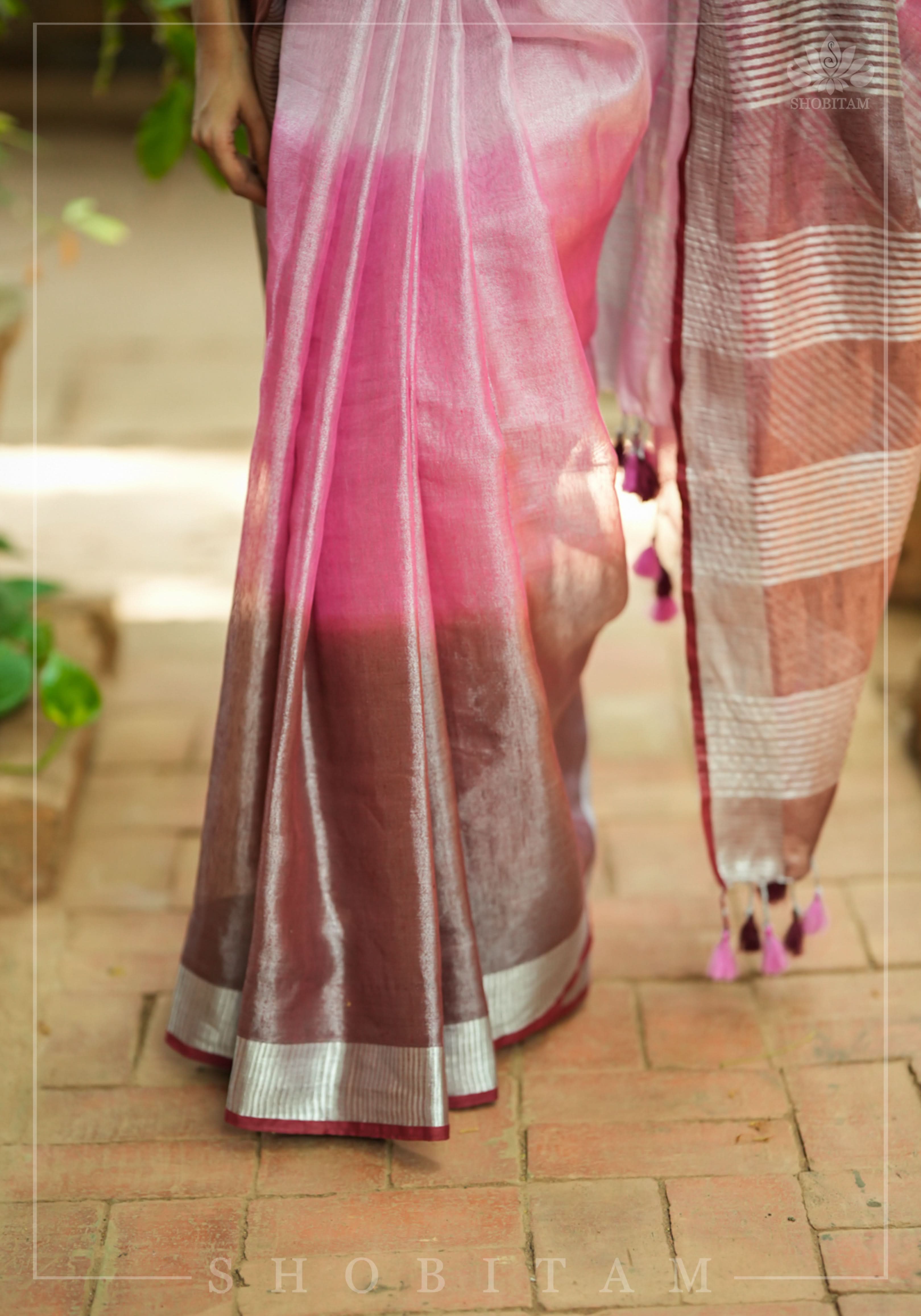 Blush pink burgundy Ombre Silver Tissue Linen Saree with Silver Ribbed Borders | Shobitam
