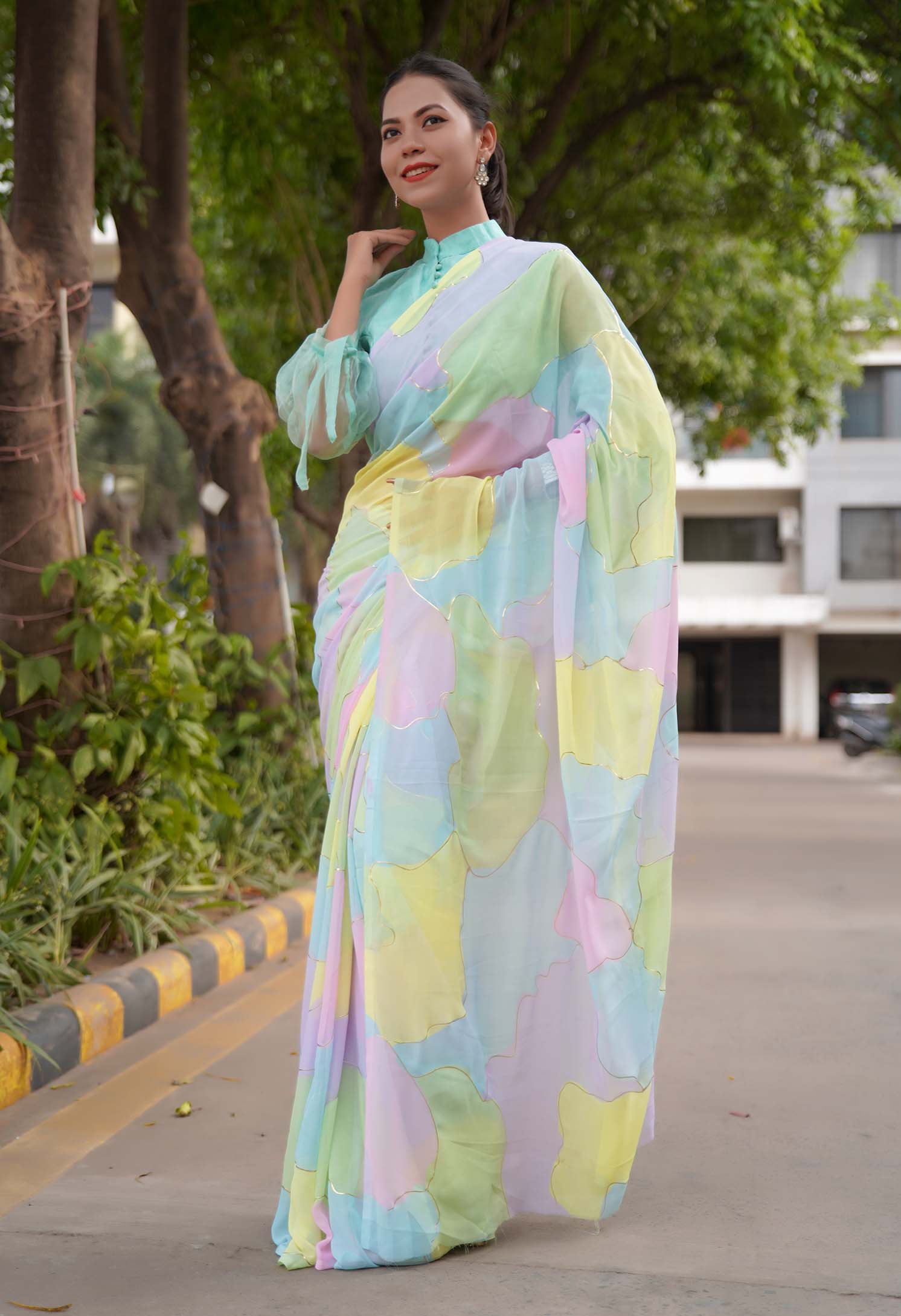 Bollywood inspired summery georgette Wrap In One Minute saree