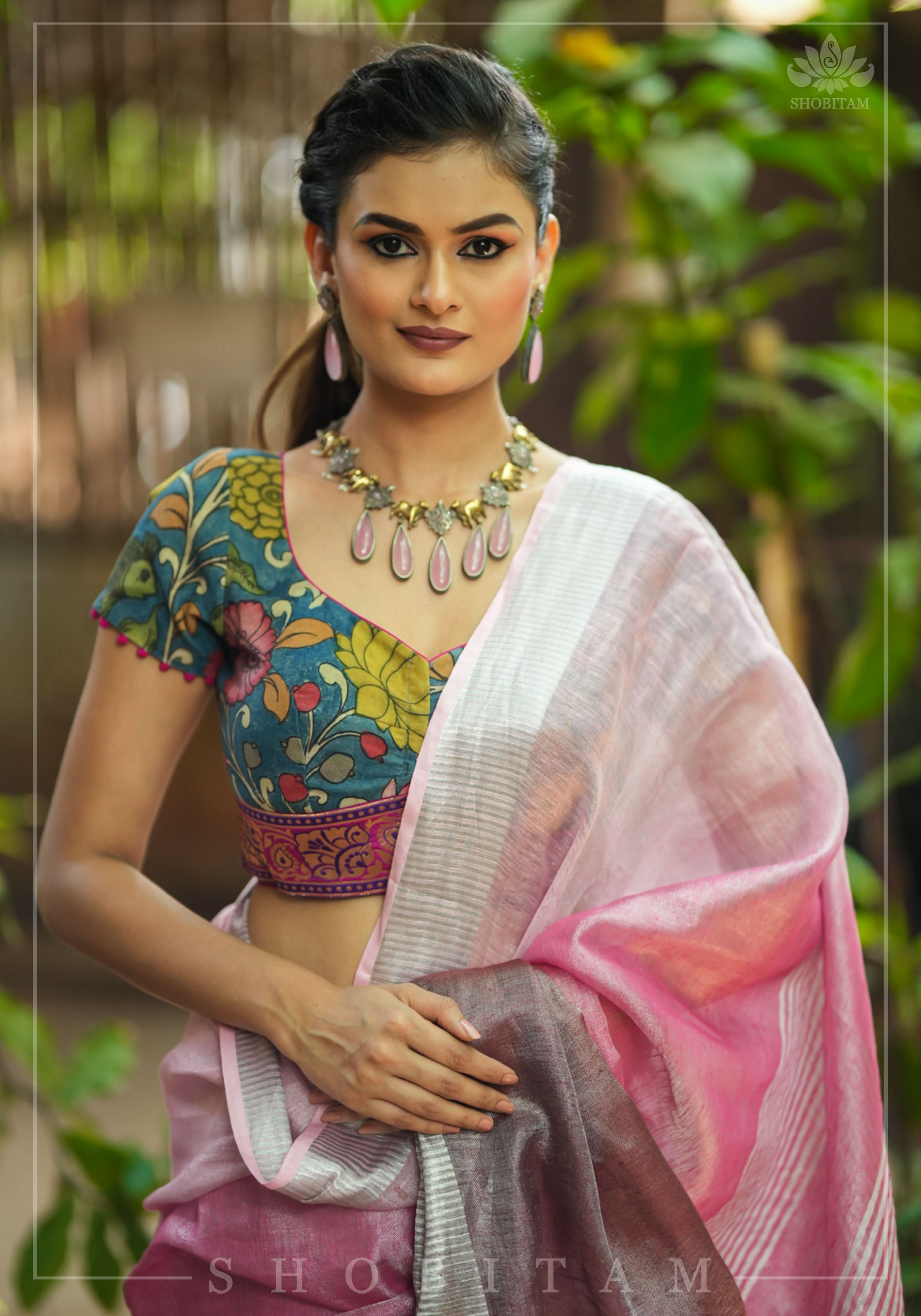 Authentic Pen Kalamkari Blouse in Livid Blue with Pond Theme painting, Banarasi Border and waist tie back! | Shobitam
