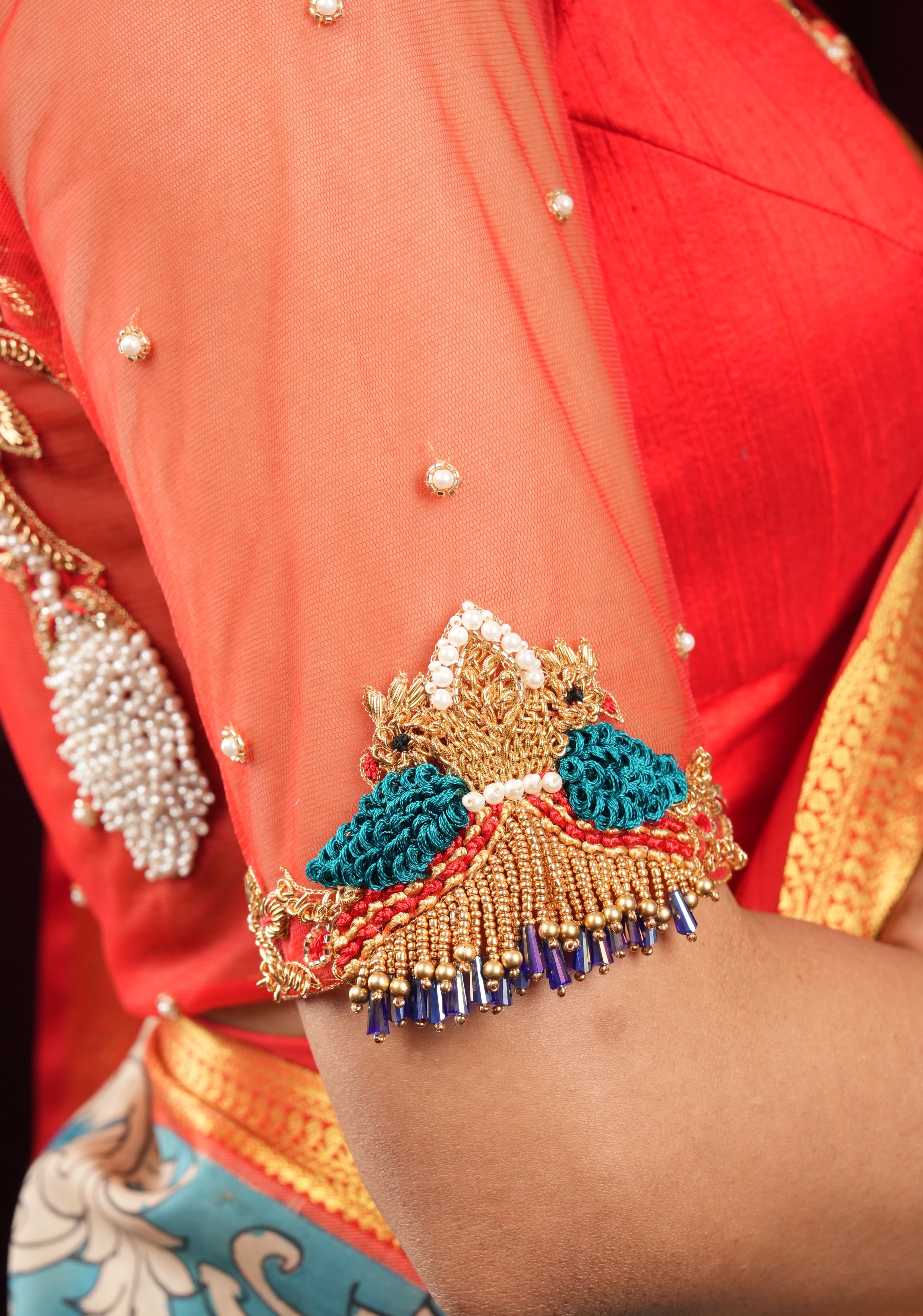 Red Pure Raw silk with Zardosi handwork Peacock design on Net Back and Sleeves | Shobitam