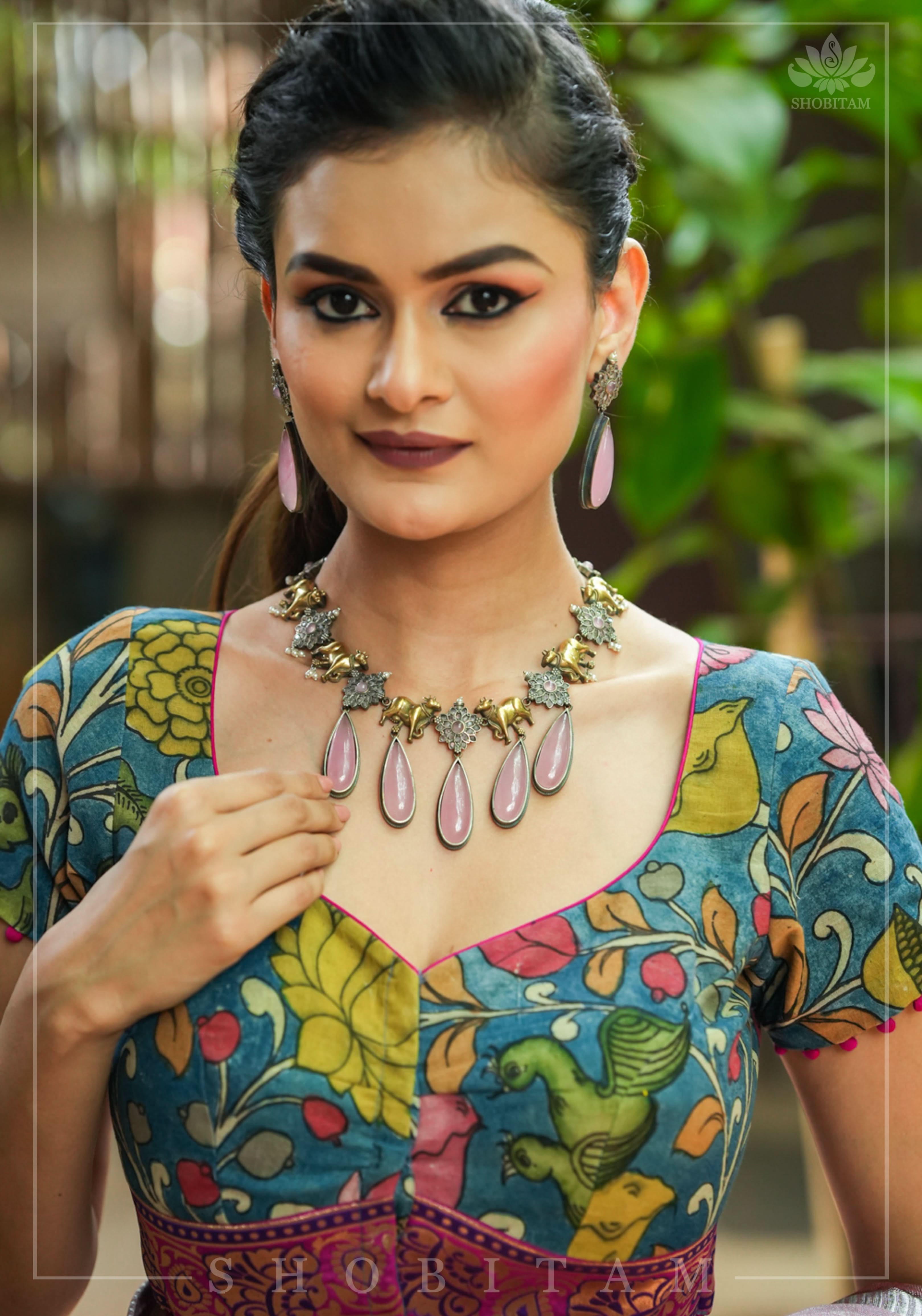Authentic Pen Kalamkari Blouse in Livid Blue with Pond Theme painting, Banarasi Border and waist tie back! | Shobitam