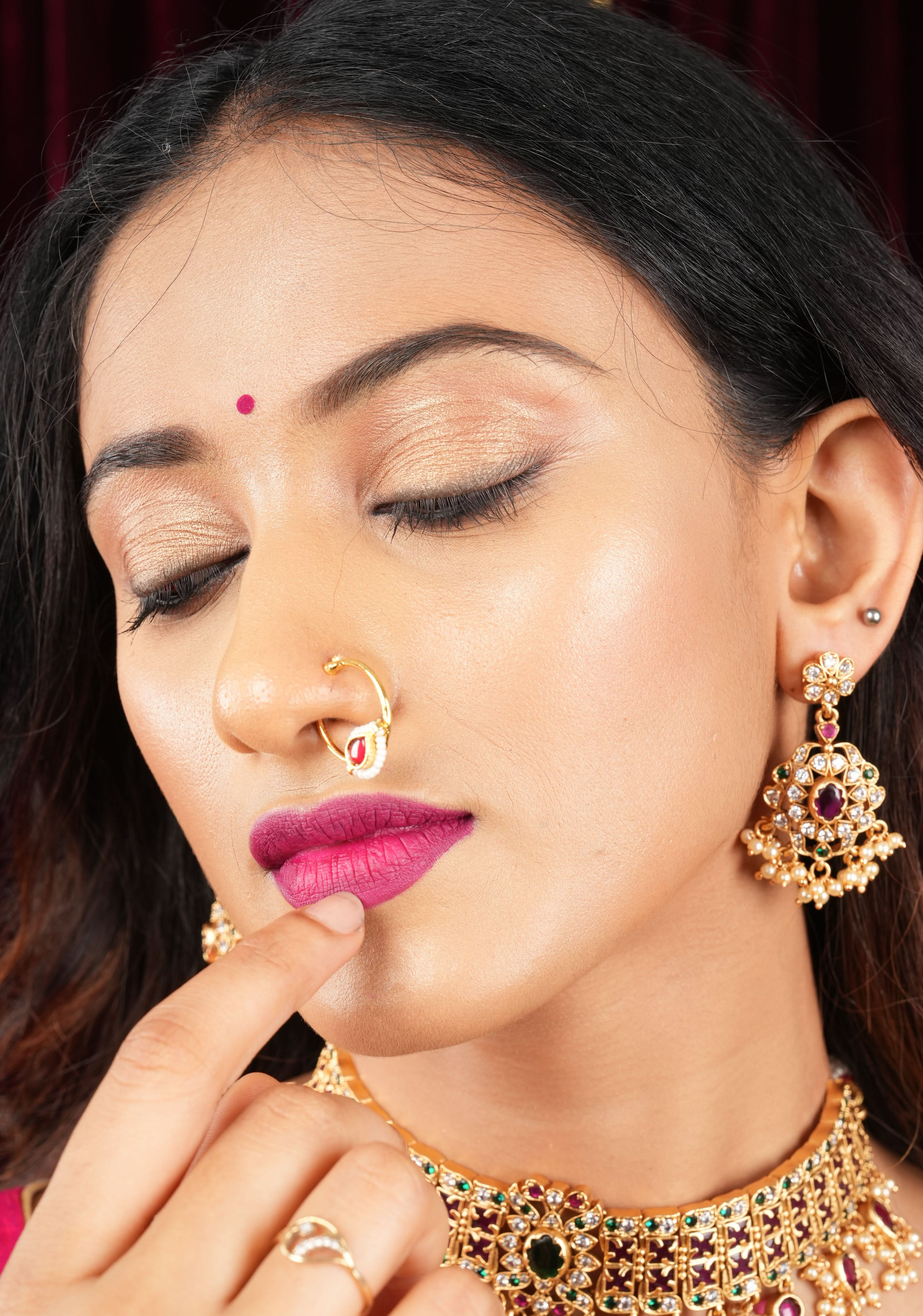 Red Kundan Clip on nose pin surrounded with Pearls Beads | Shobitam