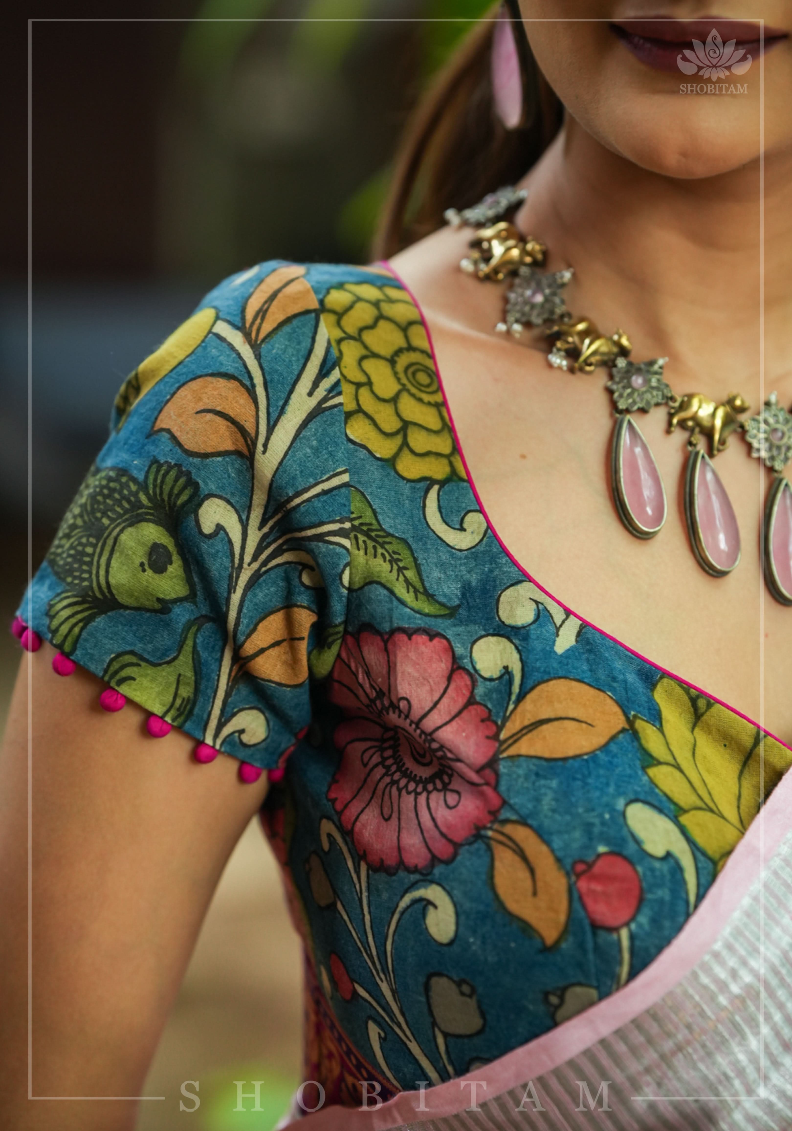Authentic Pen Kalamkari Blouse in Livid Blue with Pond Theme painting, Banarasi Border and waist tie back! | Shobitam