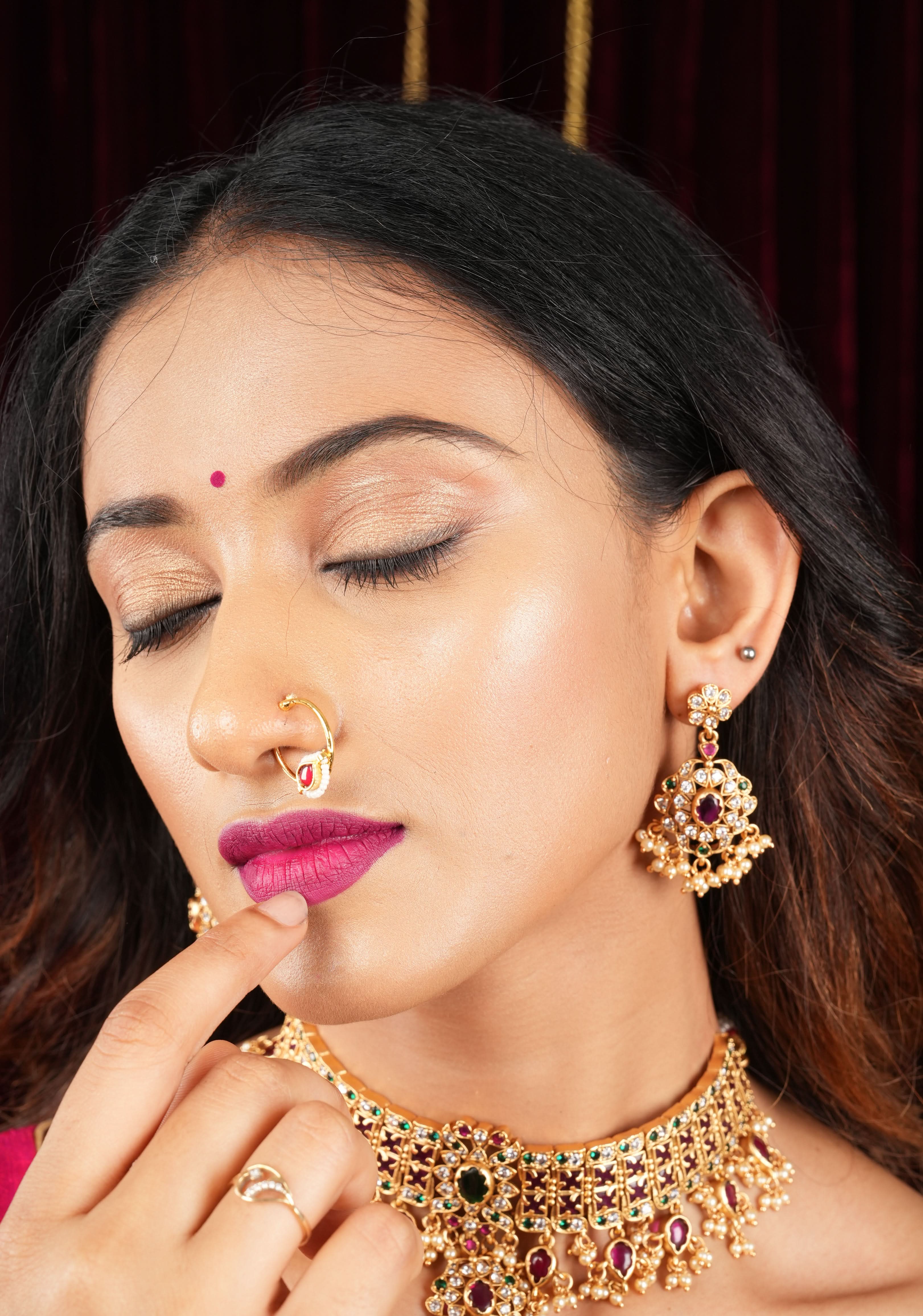 Red Kundan Clip on nose pin surrounded with Pearls Beads | Shobitam