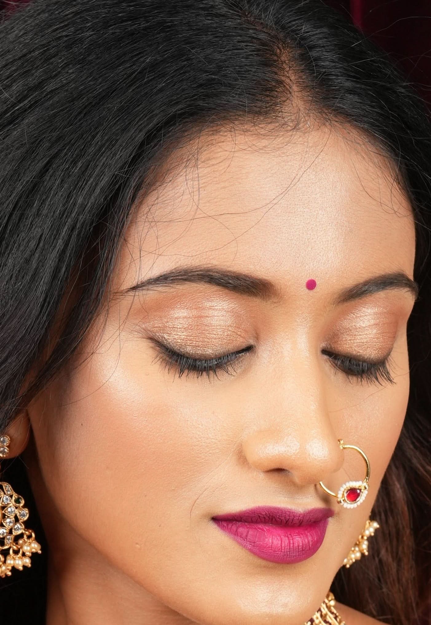 Red Kundan Clip on nose pin surrounded with Pearls Beads | Shobitam