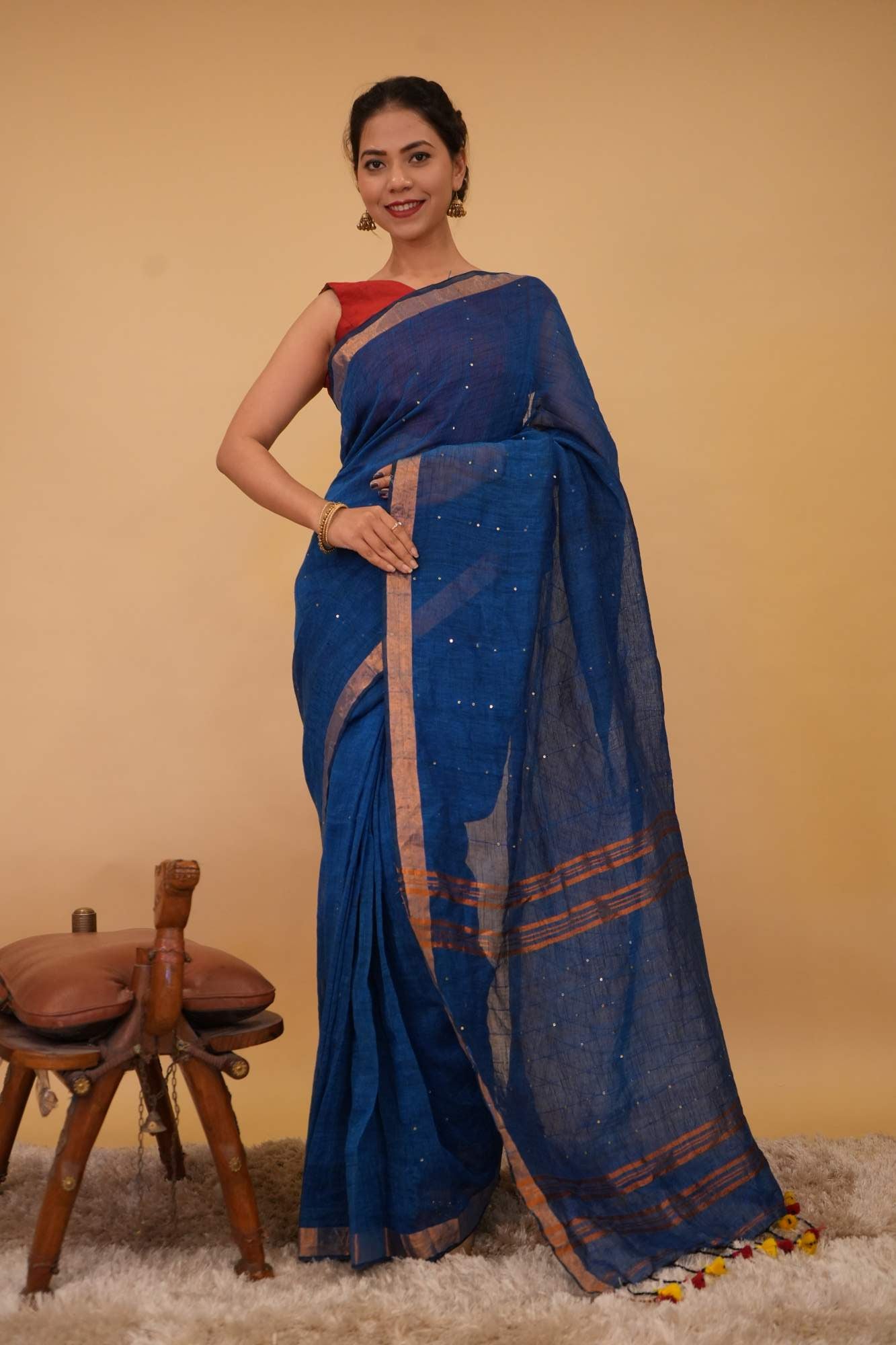 Handloom cotton linen interwoven sequins with tassels in pallu ready to wear saree