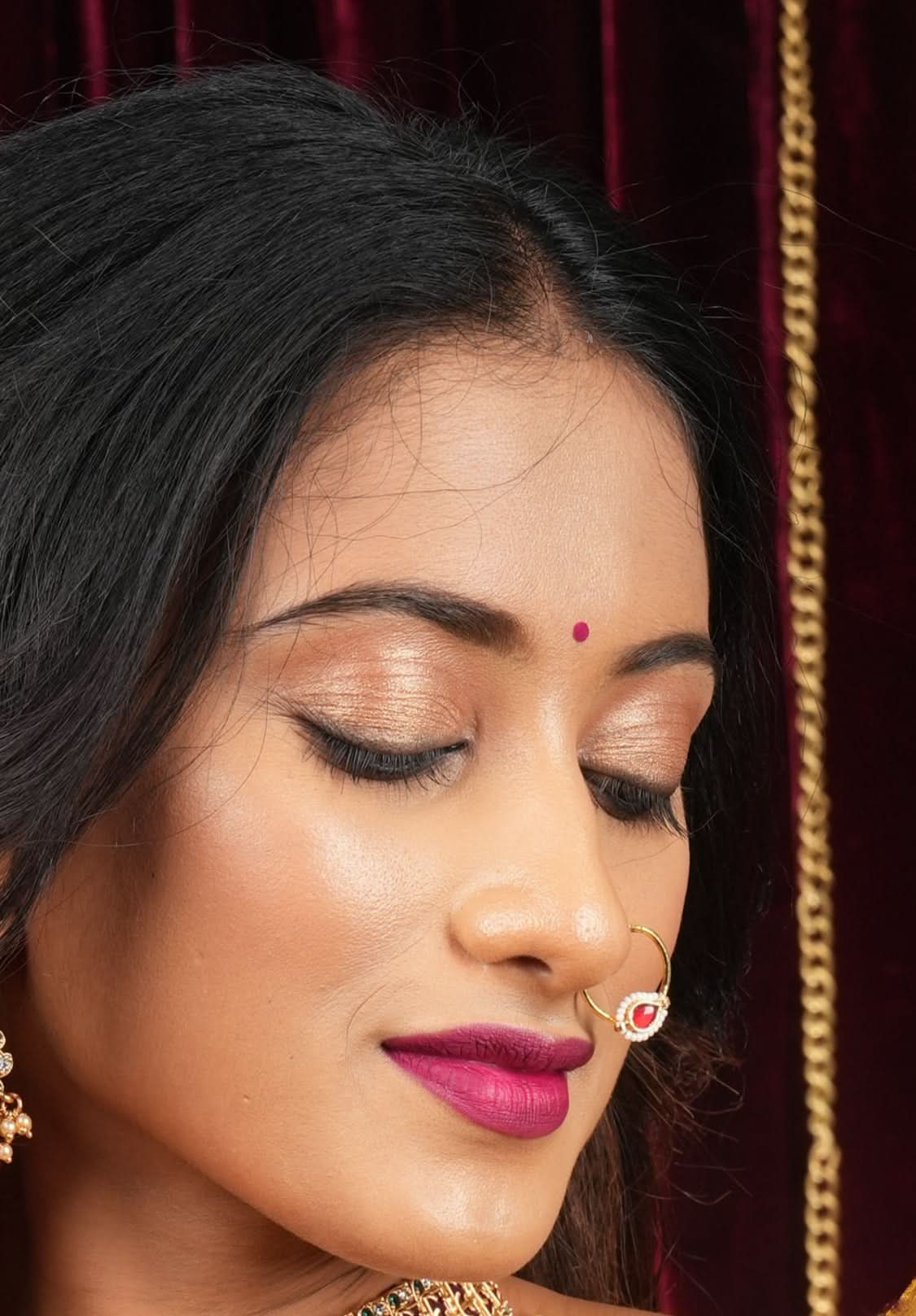 Red Kundan Clip on nose pin surrounded with Pearls Beads | Shobitam