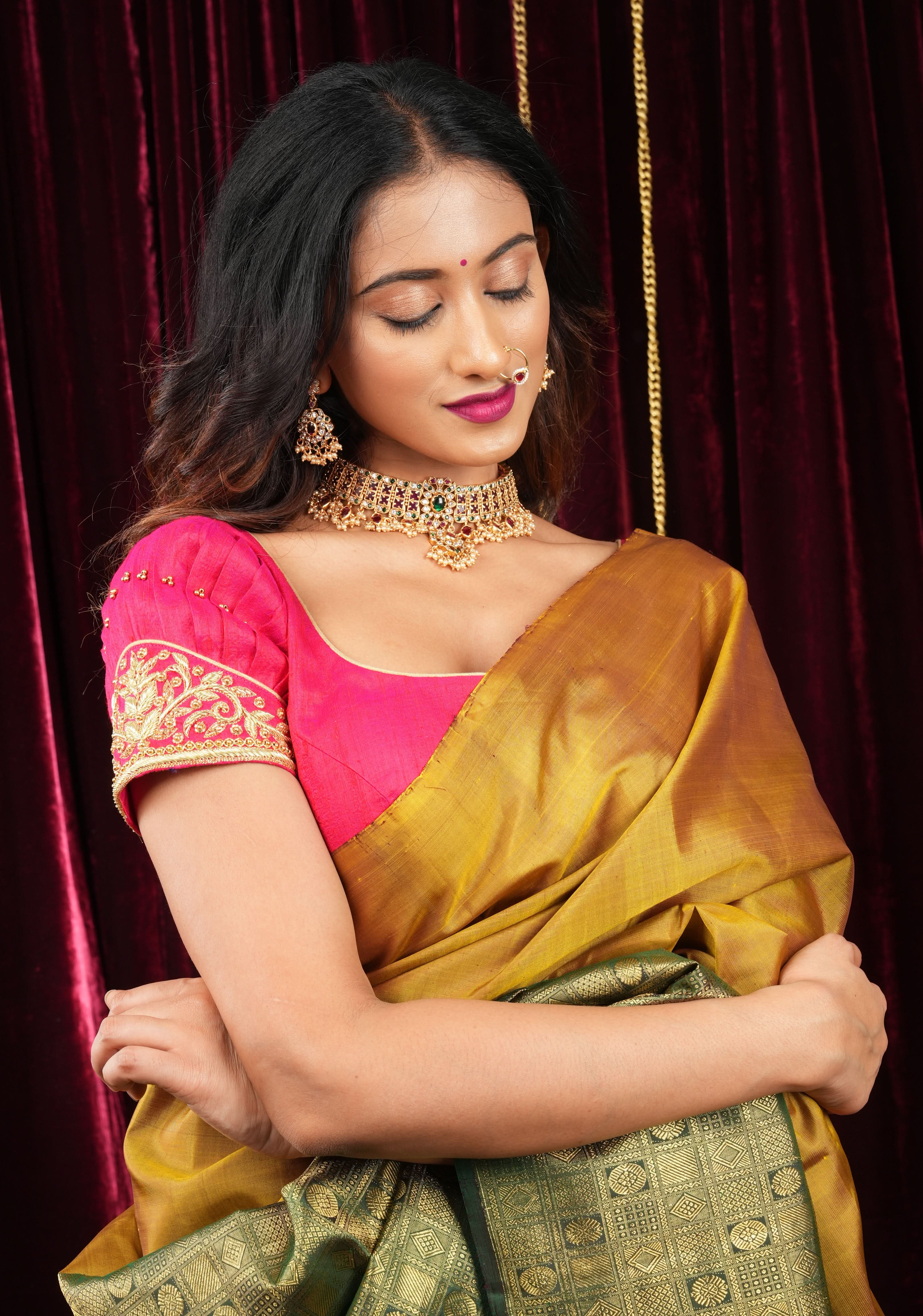 Rani Pink Pure Raw Silk Blouse with Pleated Puff Sleeves and Zardosi Detailing on sleeves and back | Shobitam