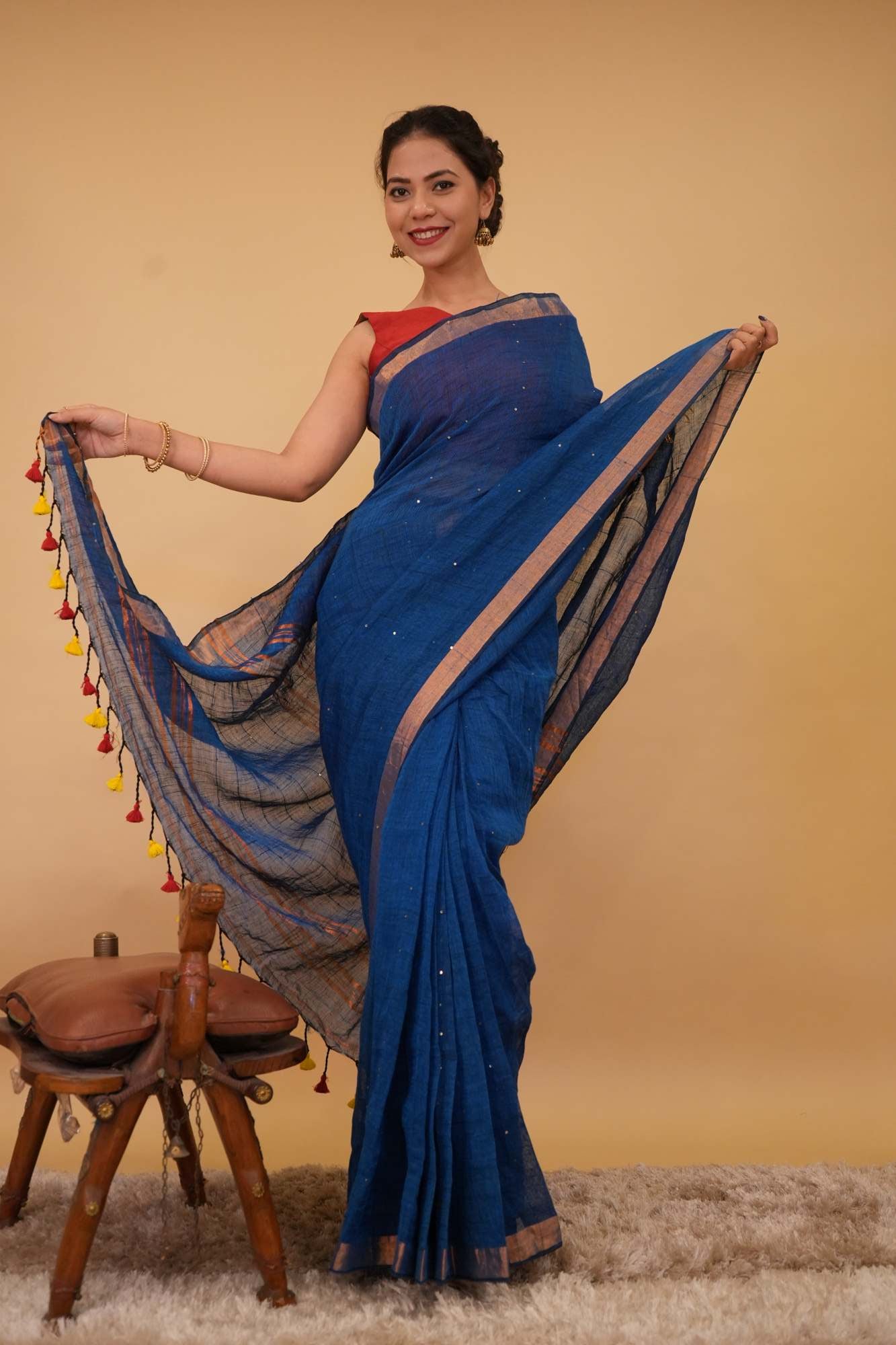 Handloom cotton linen interwoven sequins with tassels in pallu ready to wear saree