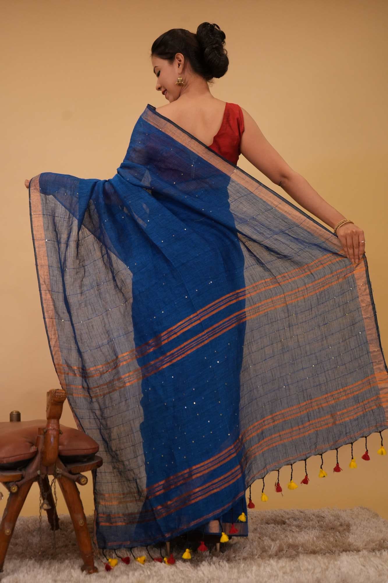 Handloom cotton linen interwoven sequins with tassels in pallu ready to wear saree