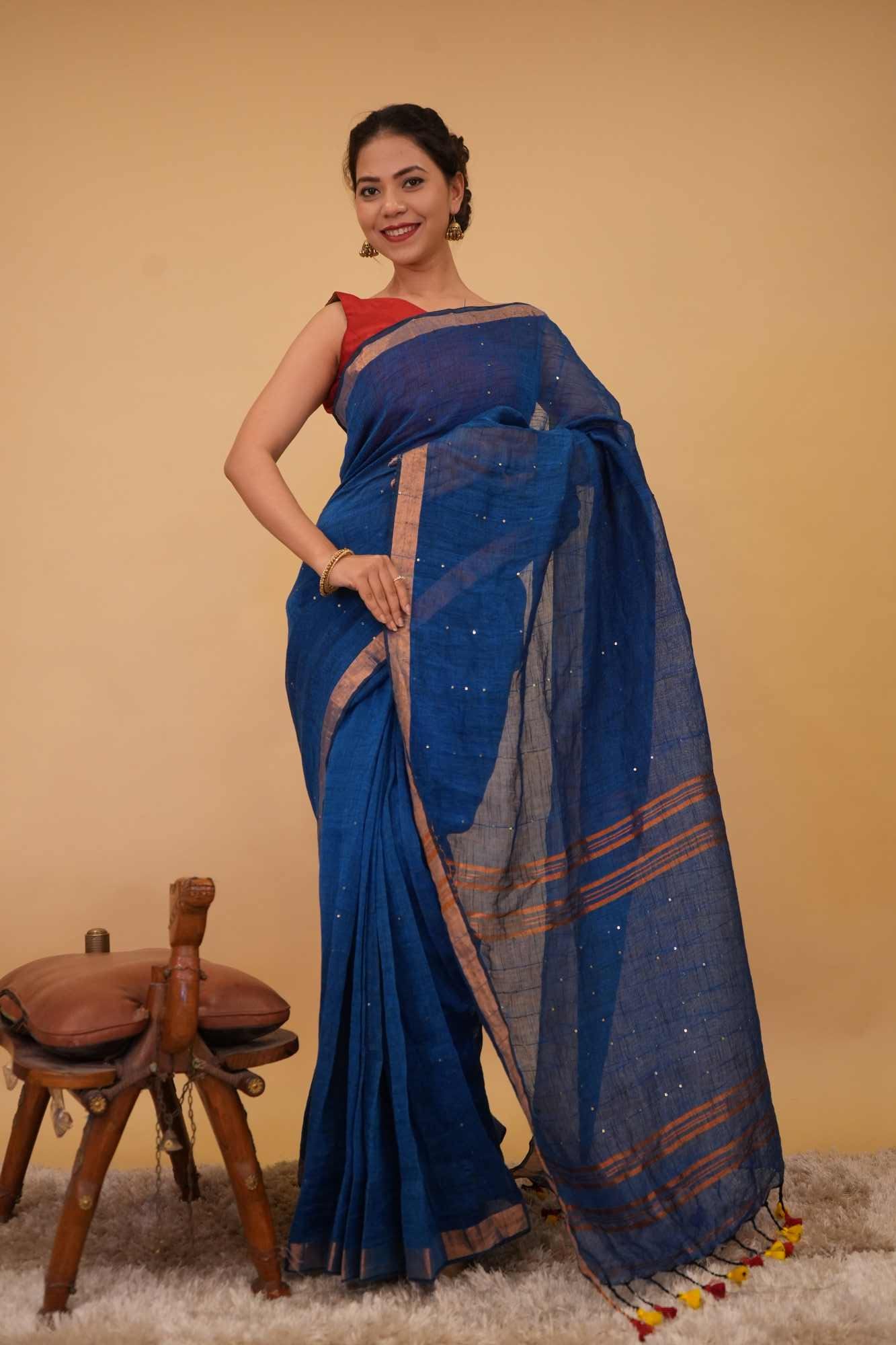 Handloom cotton linen interwoven sequins with tassels in pallu ready to wear saree