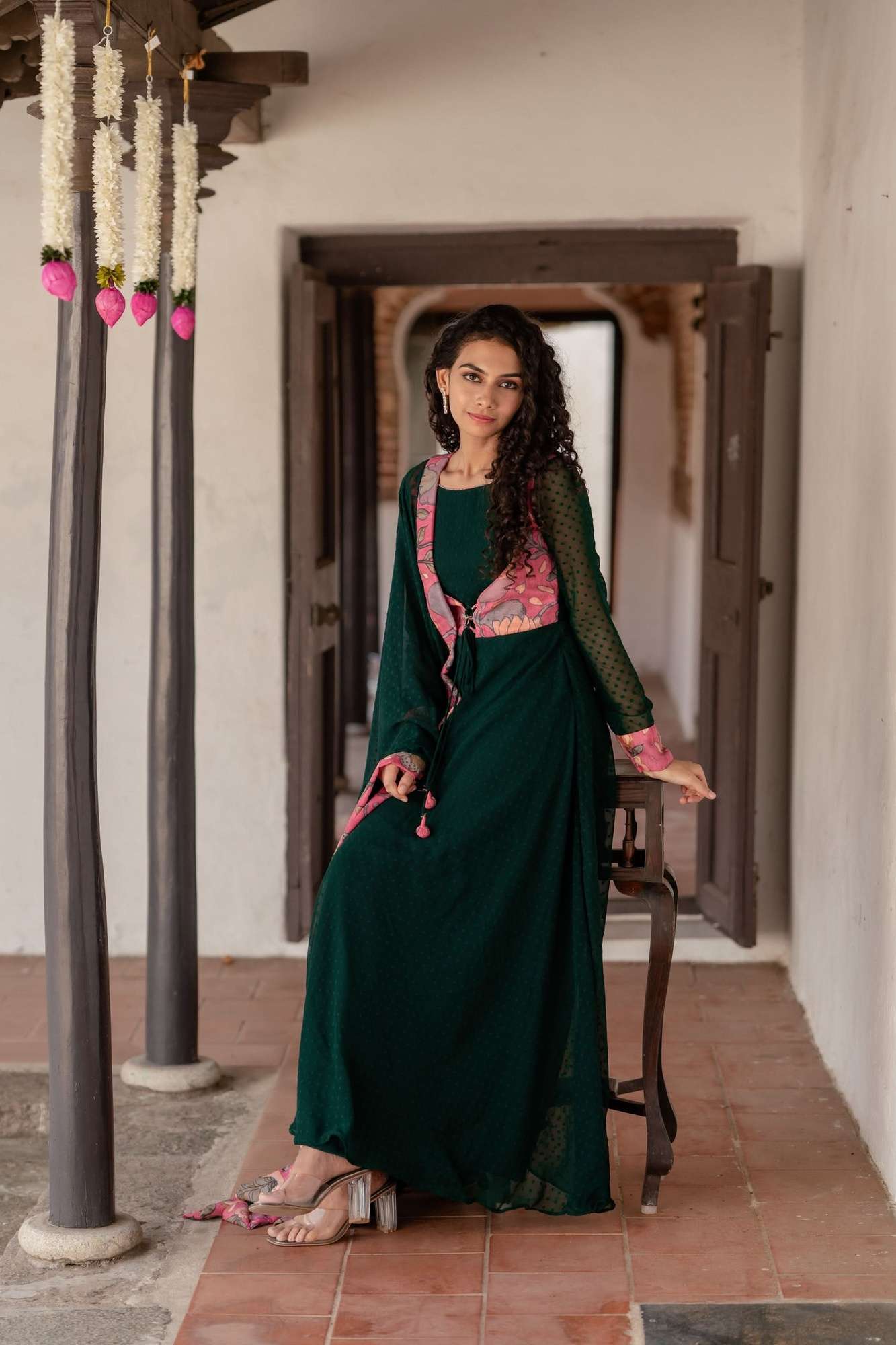 Deep Green and Pink Flared Kurti and Dupatta Set  | Made To Order
