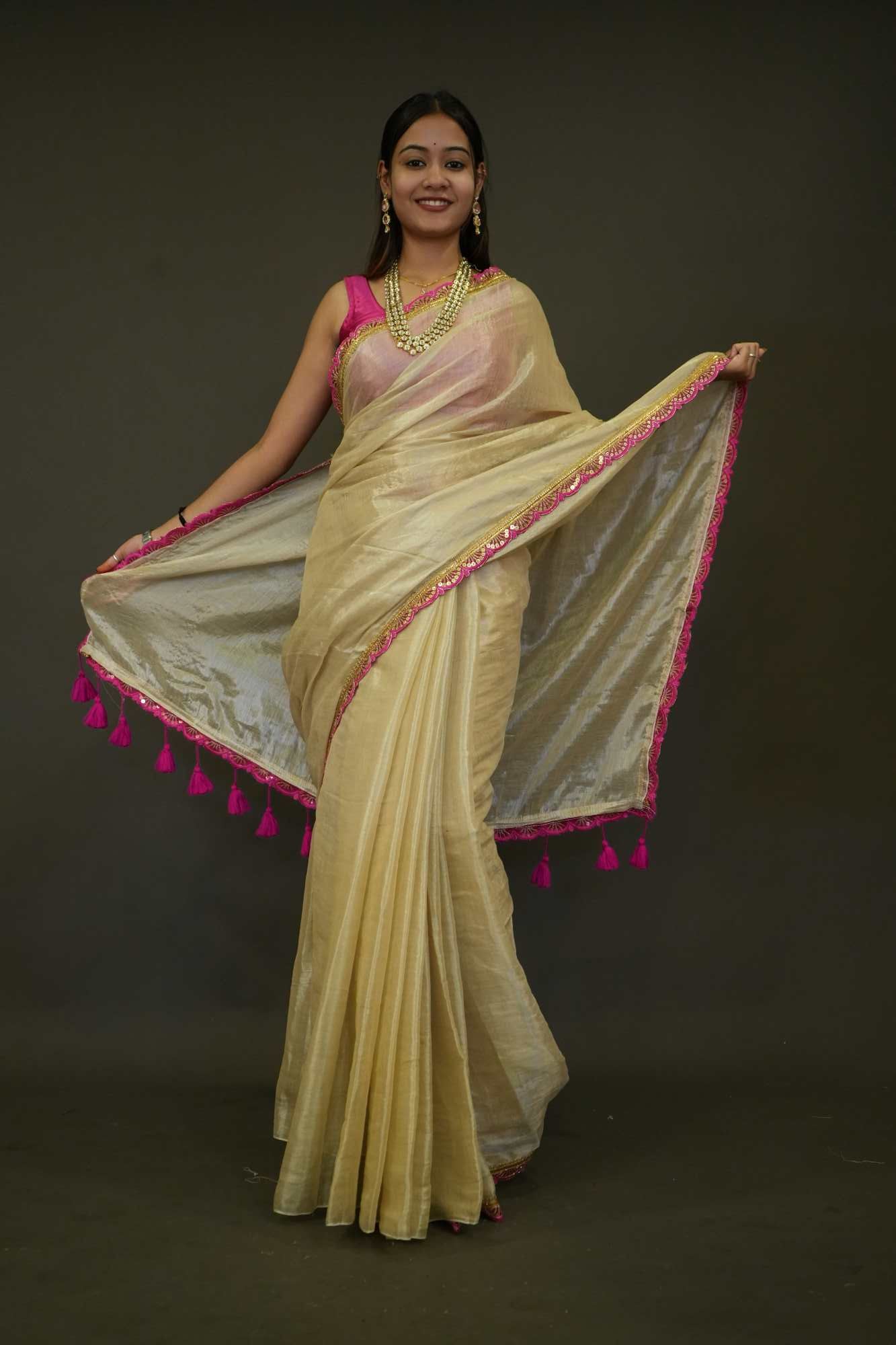 Ready To Wear Dhoop Chaanv Tissue with Contrast Designer Tassel On Pallu Saree