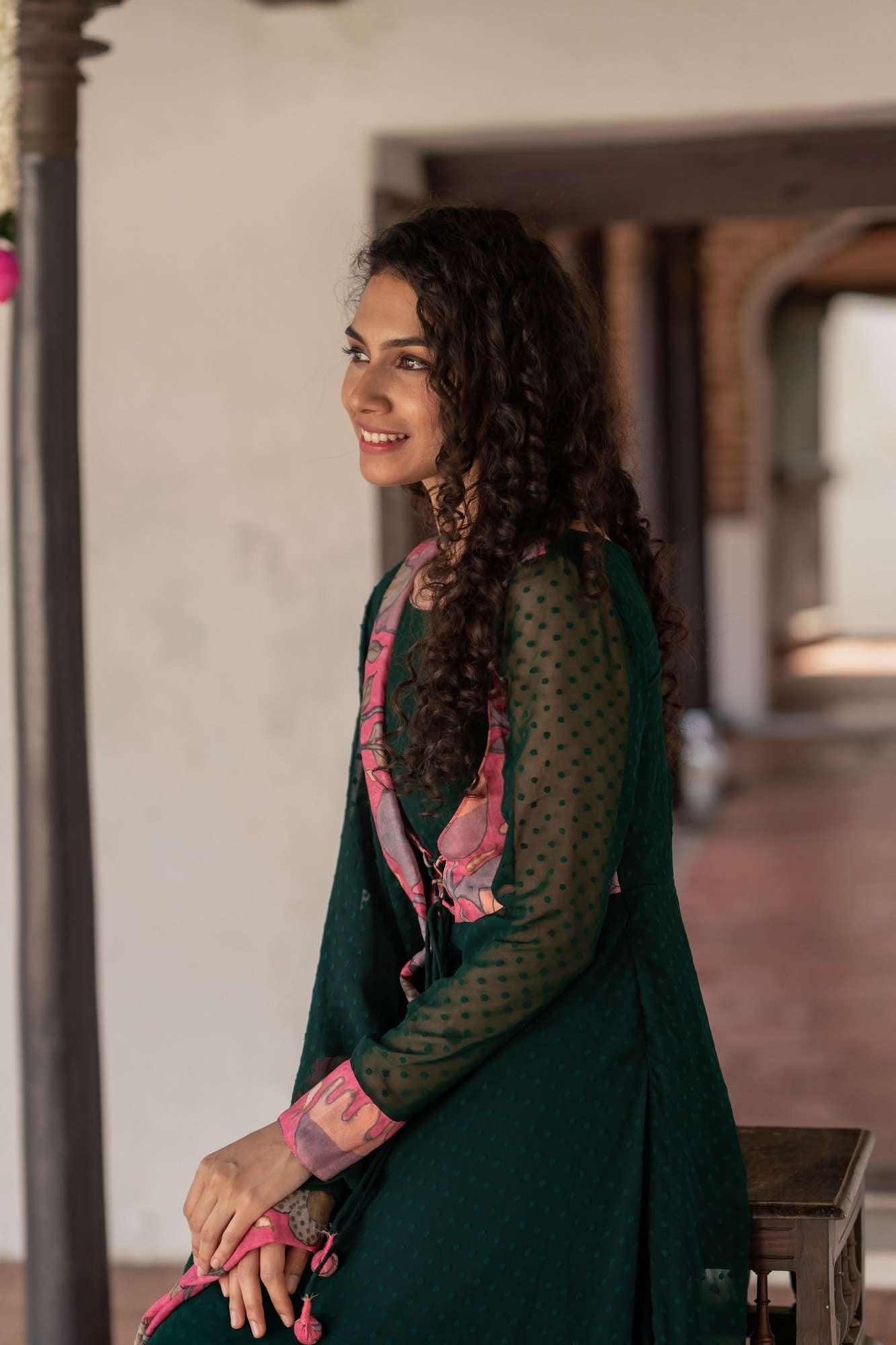 Deep Green and Pink Flared Kurti and Dupatta Set  | Made To Order