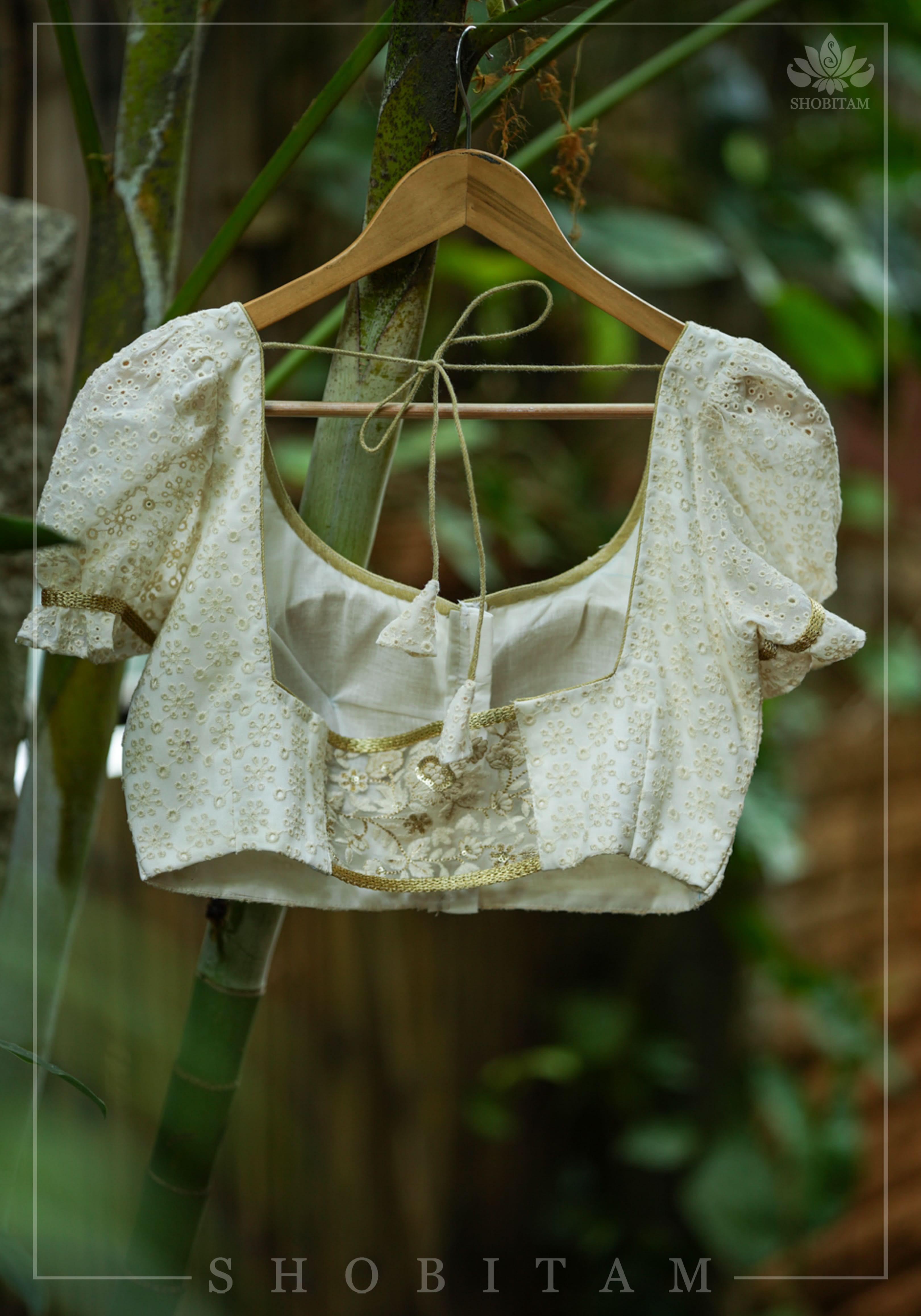 Eyelet Design Georgette Blouse with Puff Sleeves and embroidery detailing back! | Shobitam
