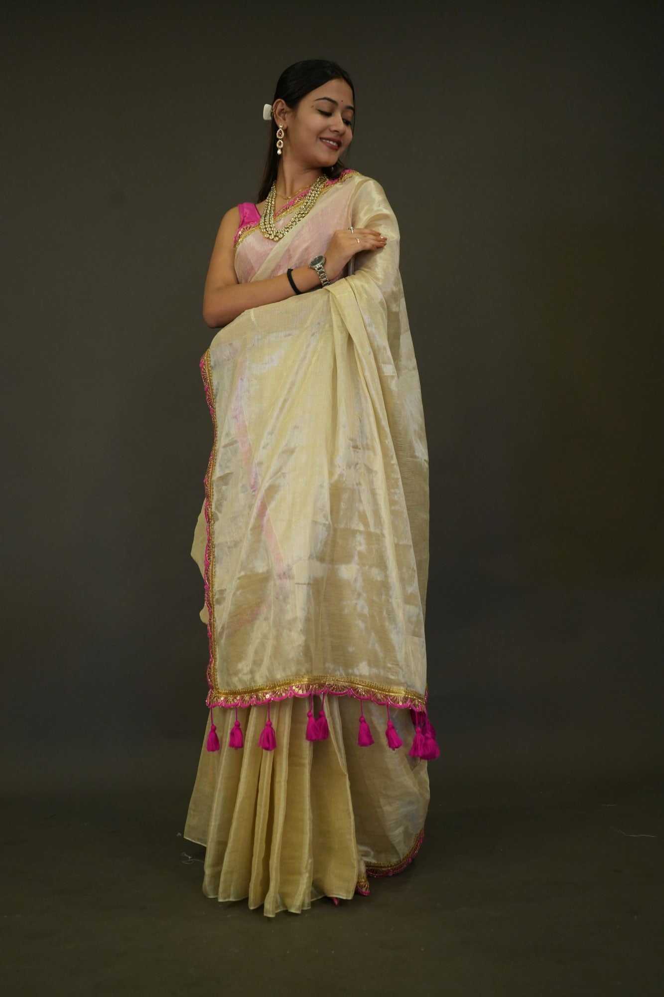 Ready To Wear Dhoop Chaanv Tissue with Contrast Designer Tassel On Pallu Saree