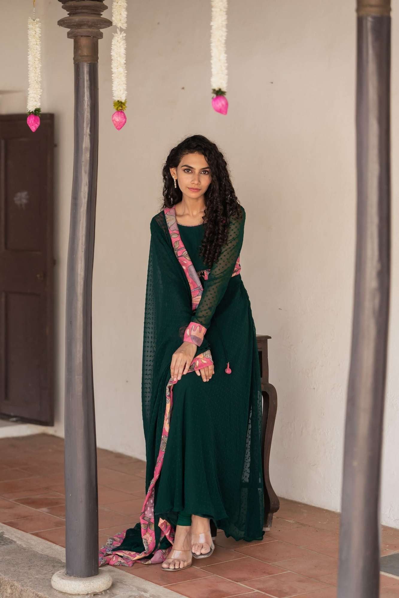 Deep Green and Pink Flared Kurti and Dupatta Set  | Made To Order