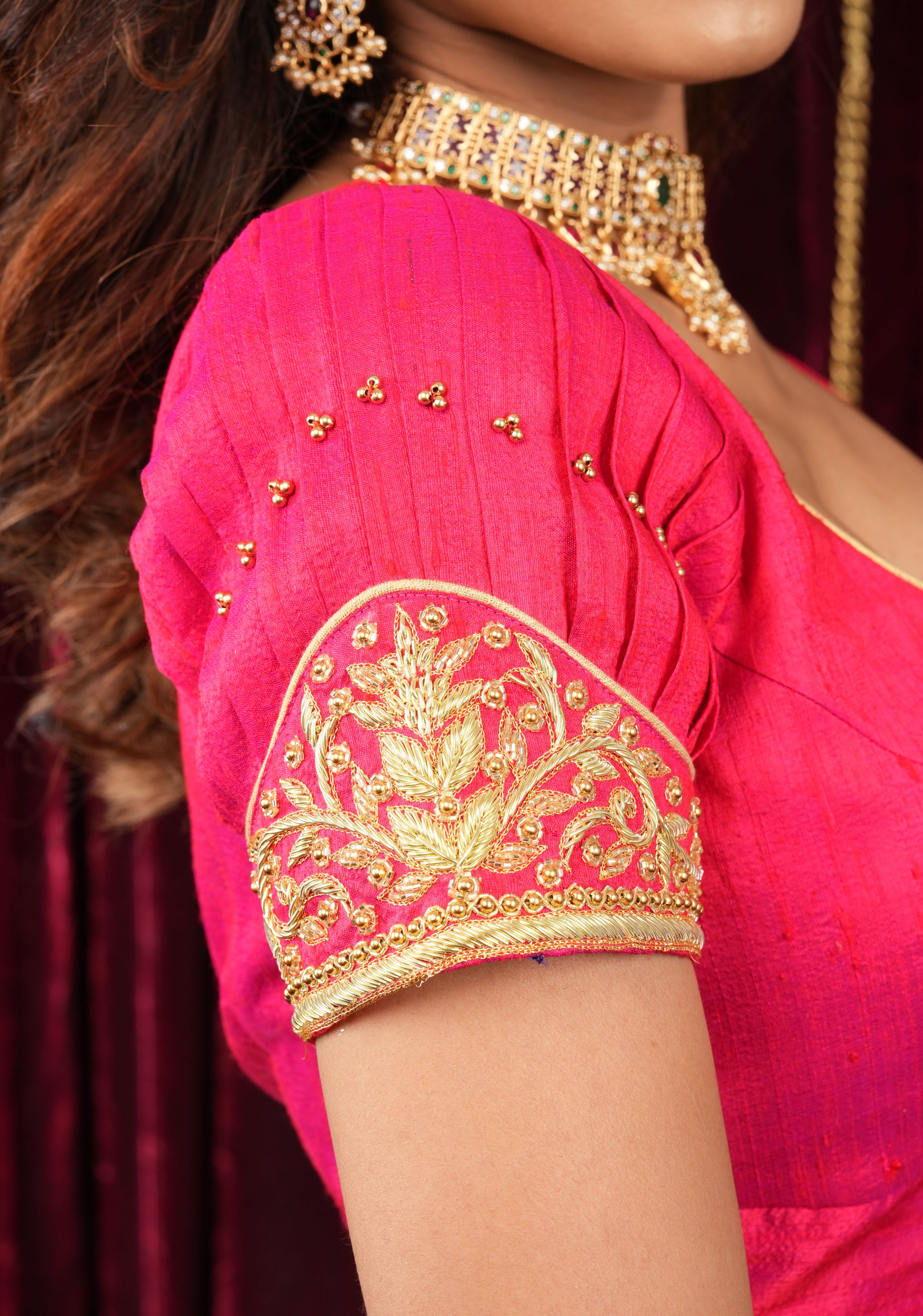 Rani Pink Pure Raw Silk Blouse with Pleated Puff Sleeves and Zardosi Detailing on sleeves and back | Shobitam