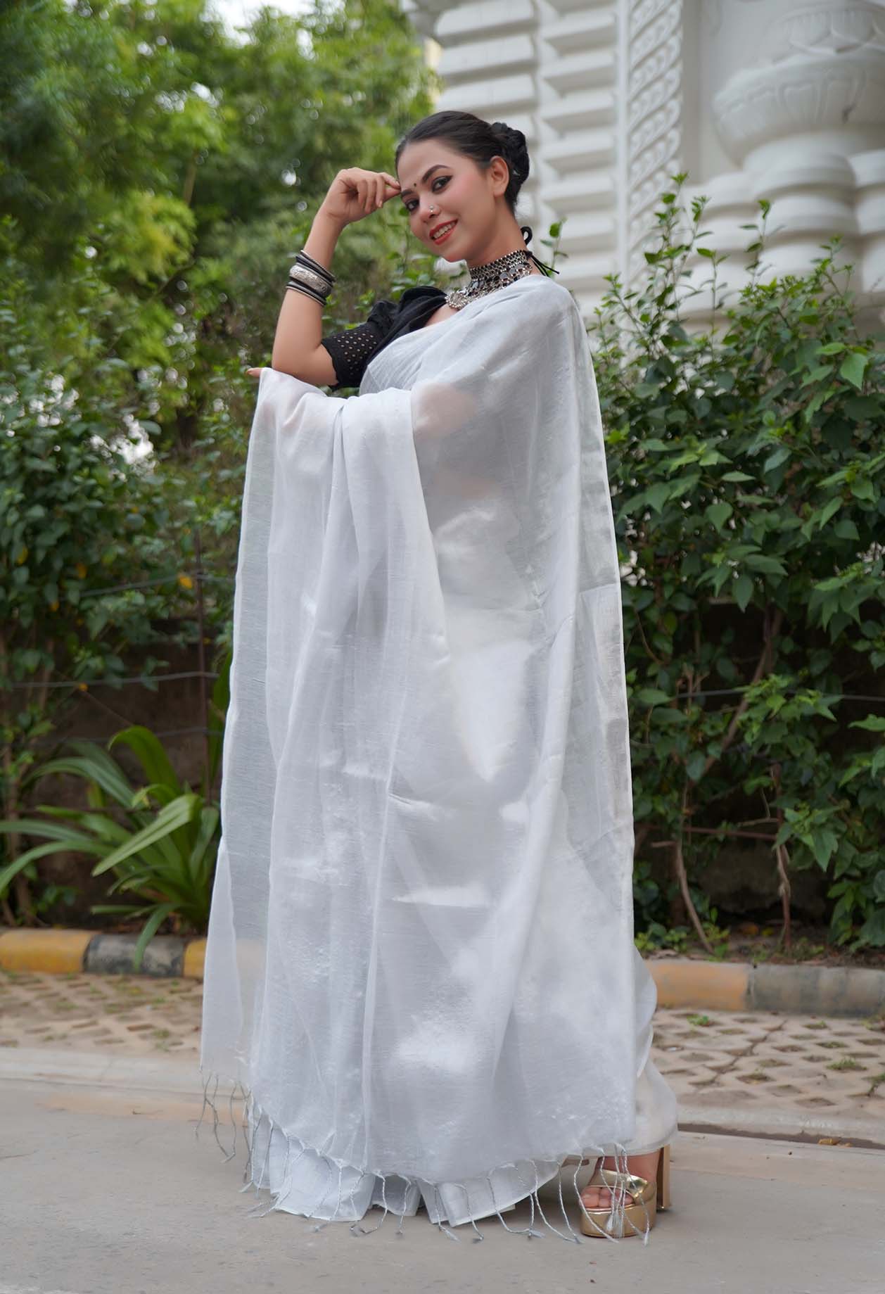 Ready To Wear Silver Metallic Dhoop Chaav  Tissue With Tassels On Pallu  Wrap in 1 minute saree
