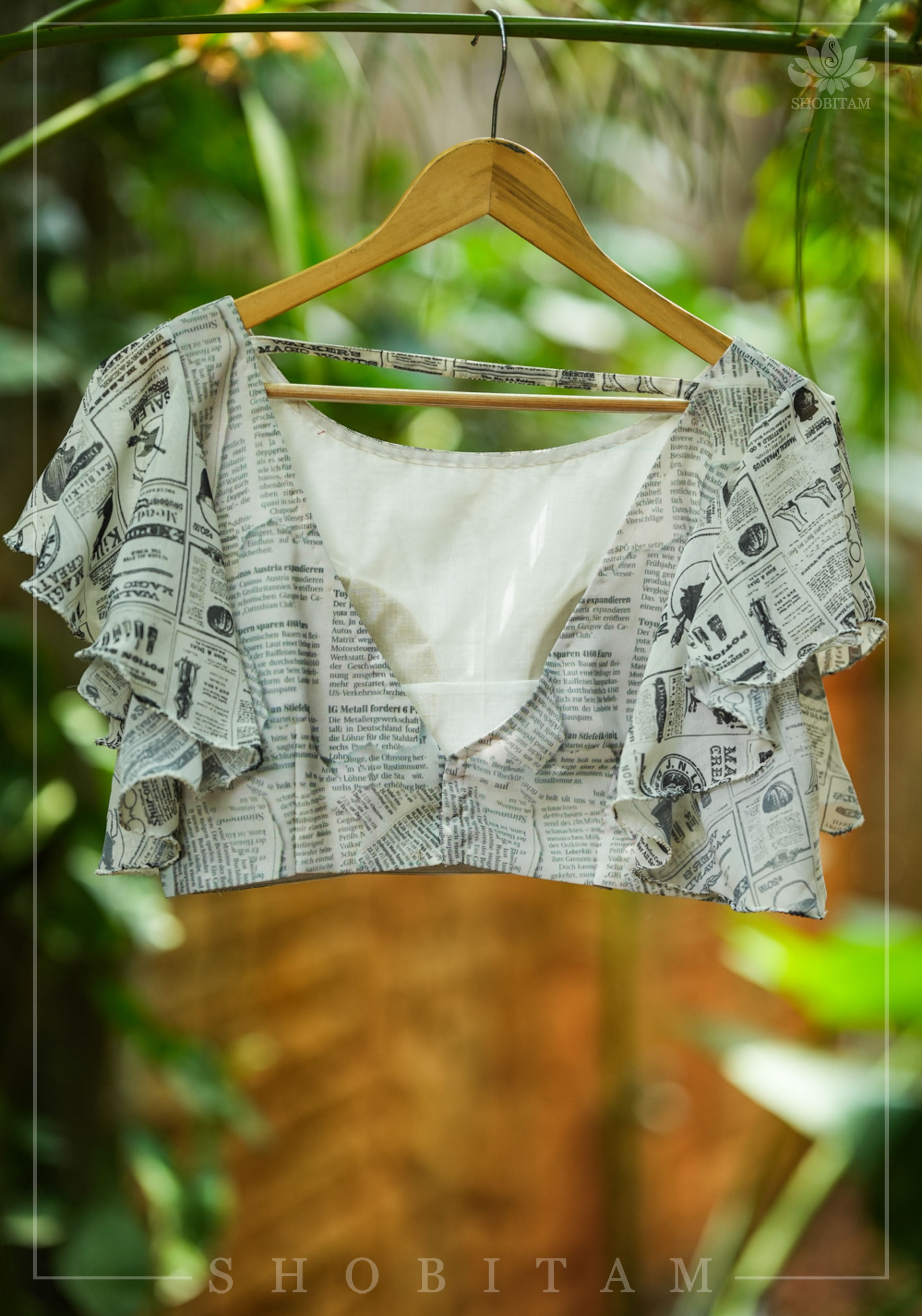 Newspaper Print Blouse with Ruffle Sleeves in Georgette! | Shobitam