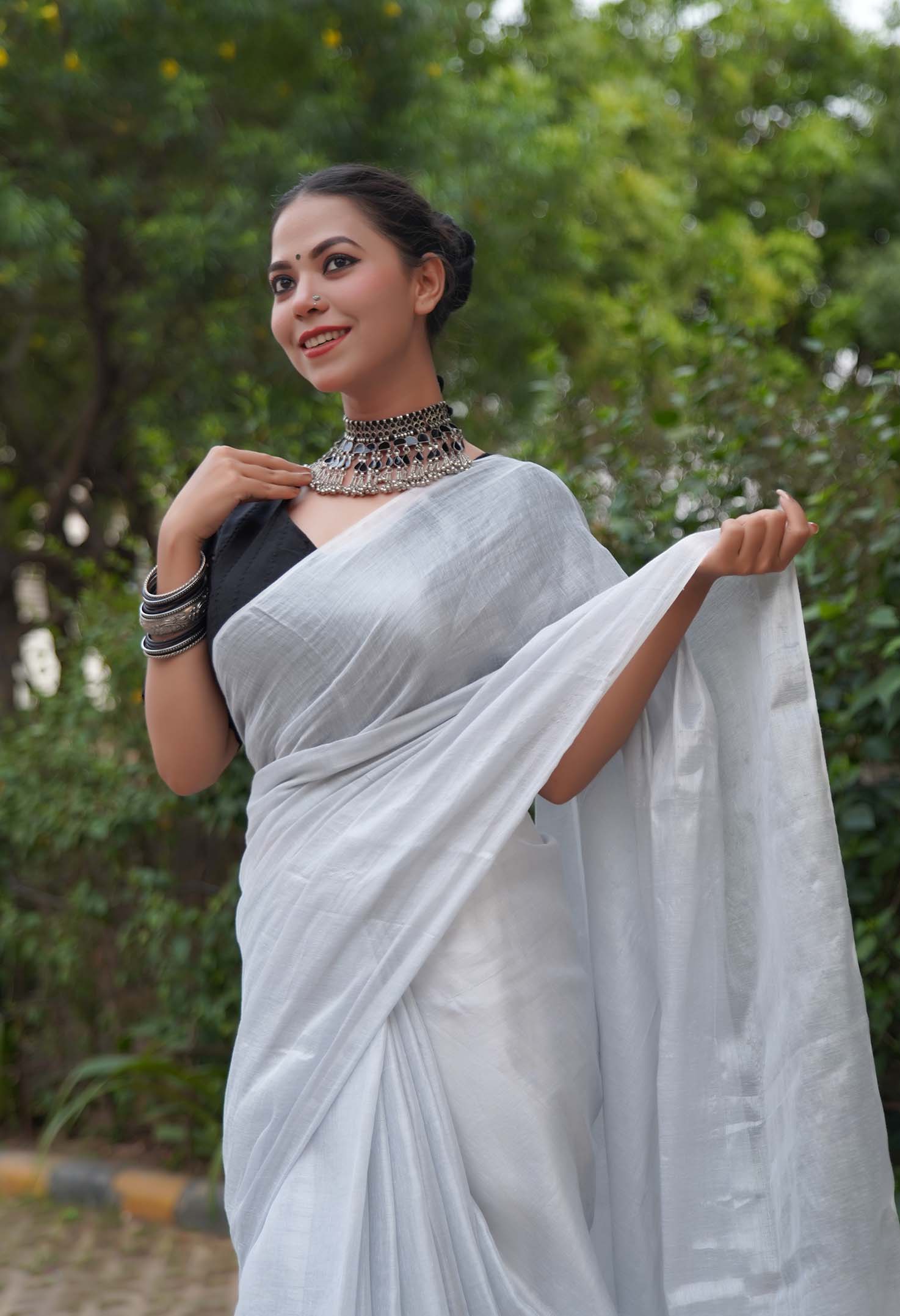 Ready To Wear Silver Metallic Dhoop Chaav  Tissue With Tassels On Pallu  Wrap in 1 minute saree