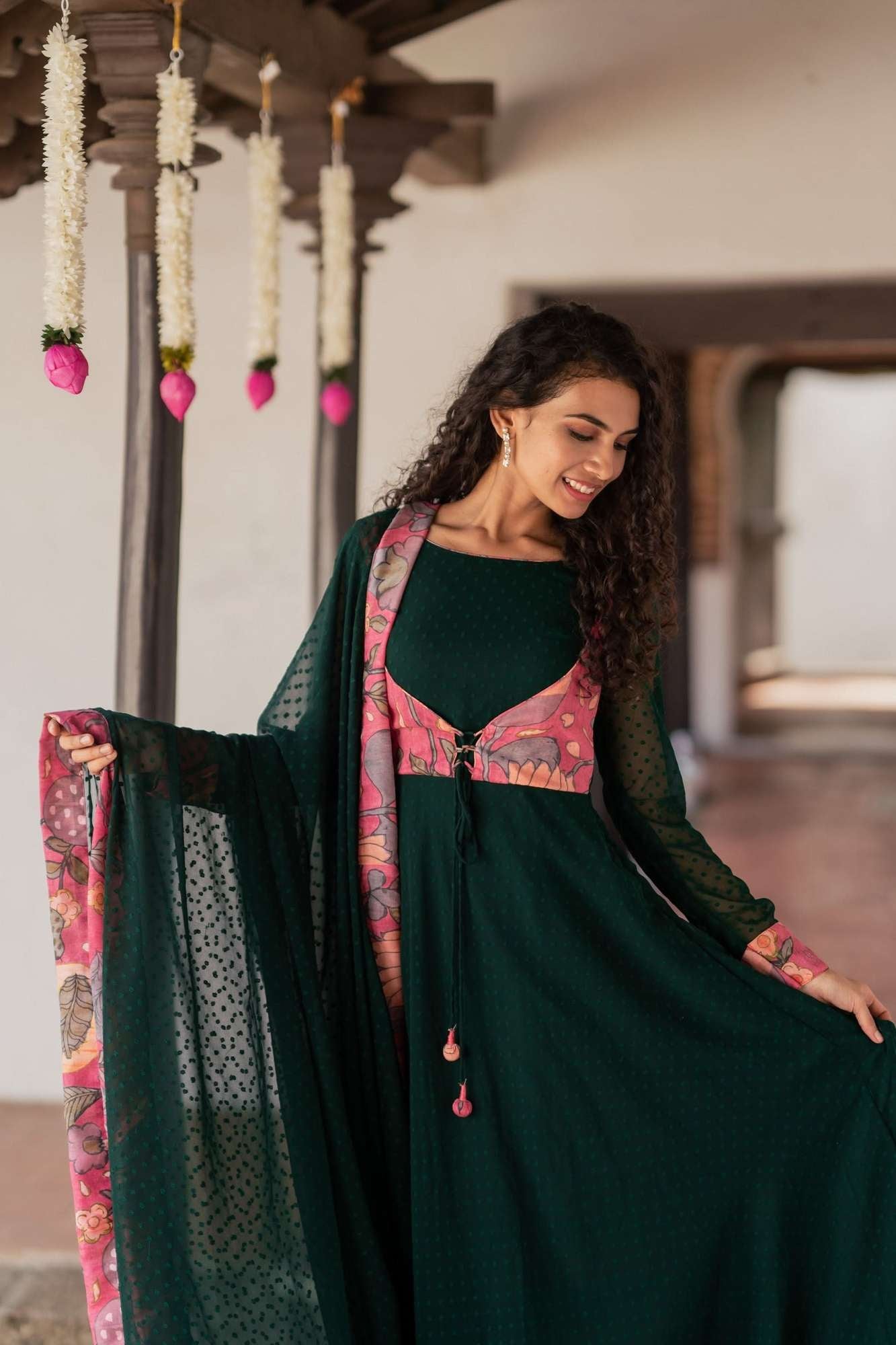 Deep Green and Pink Flared Kurti and Dupatta Set  | Made To Order