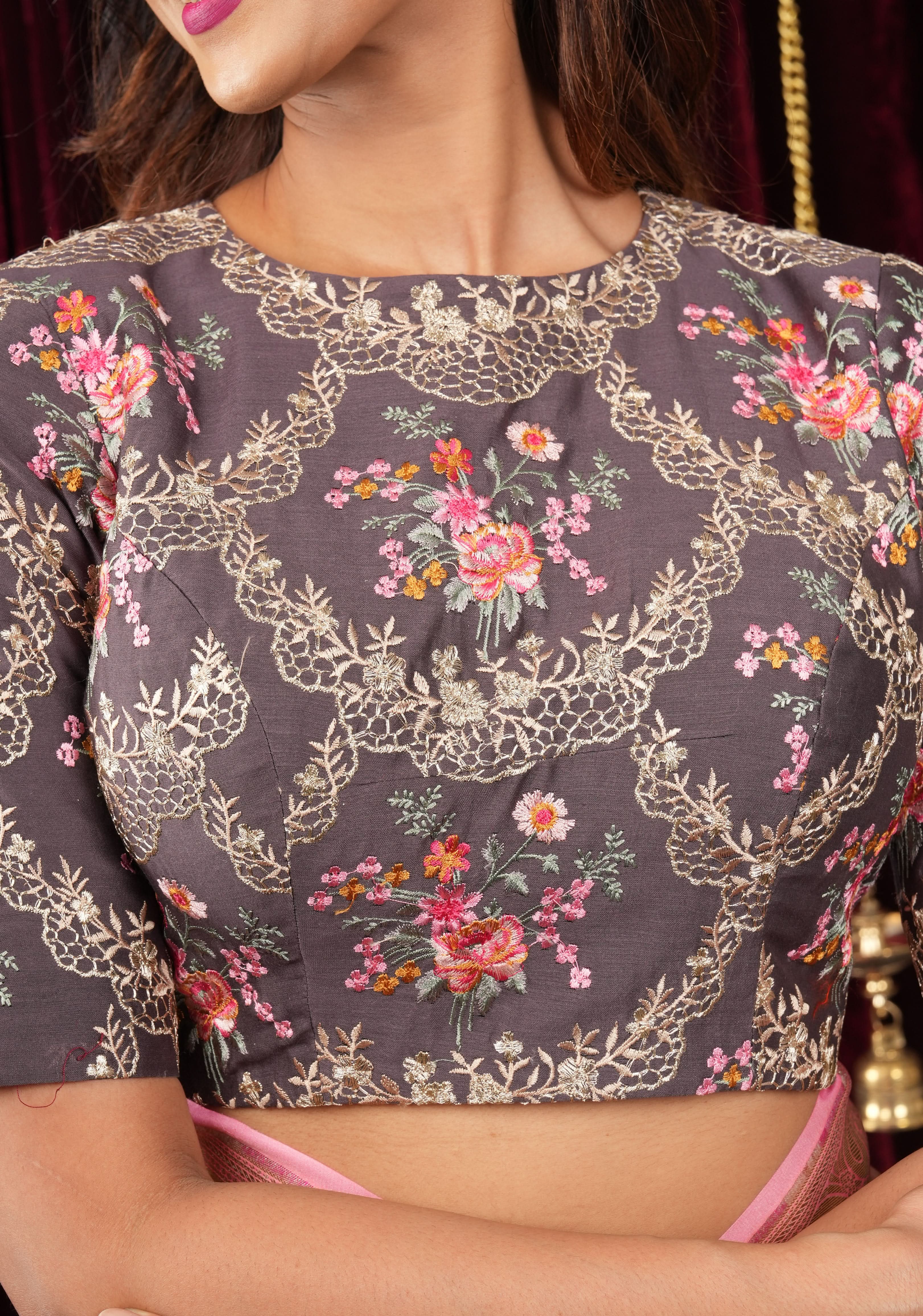 Gray Geecha Raw Silk blouse with floral embroidery and Bandgala pattern | Shobitam