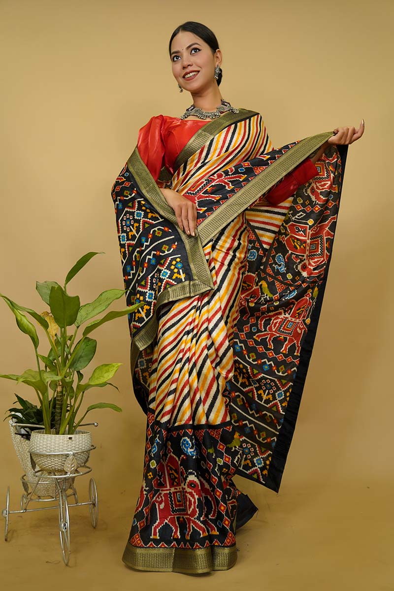 Ready To Wear Woven Multicoloured with  patola  Printed  Wrap in 1 minute saree