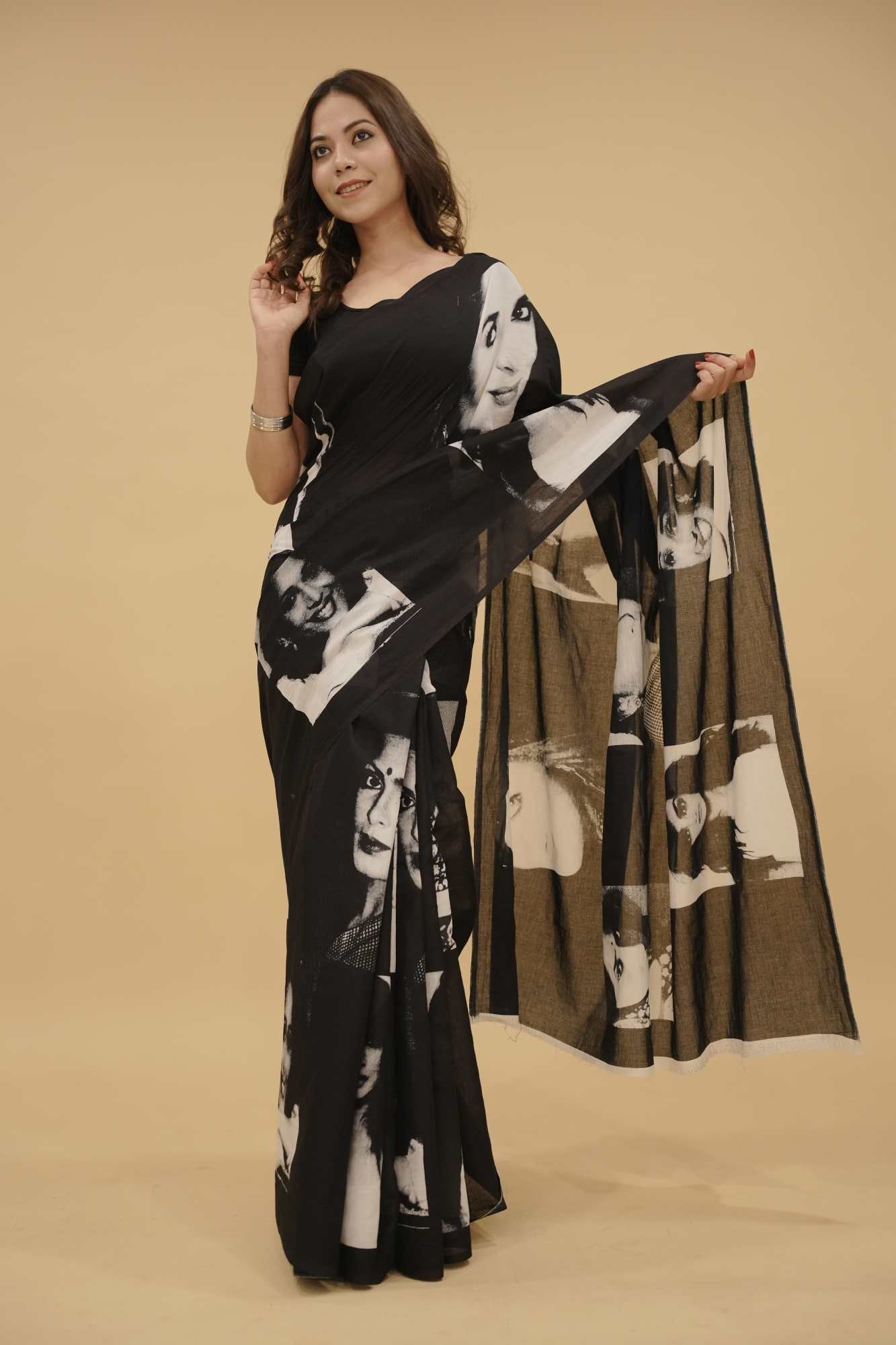 Exquisite Soft Black Cotton MulMul Bollywood celebrity-inspired prints  Ready To Wear Saree