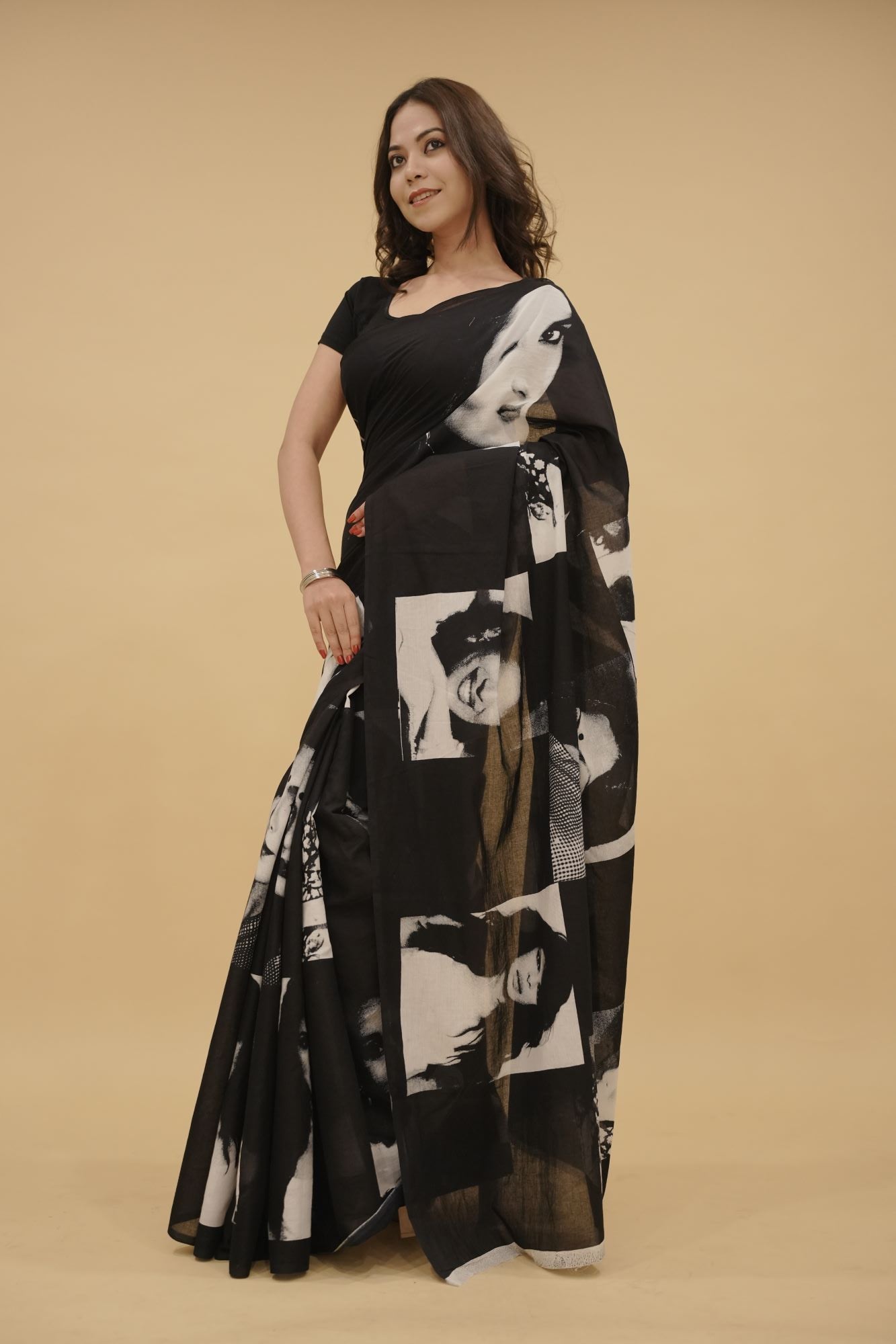 Exquisite Soft Black Cotton MulMul Bollywood celebrity-inspired prints  Ready To Wear Saree