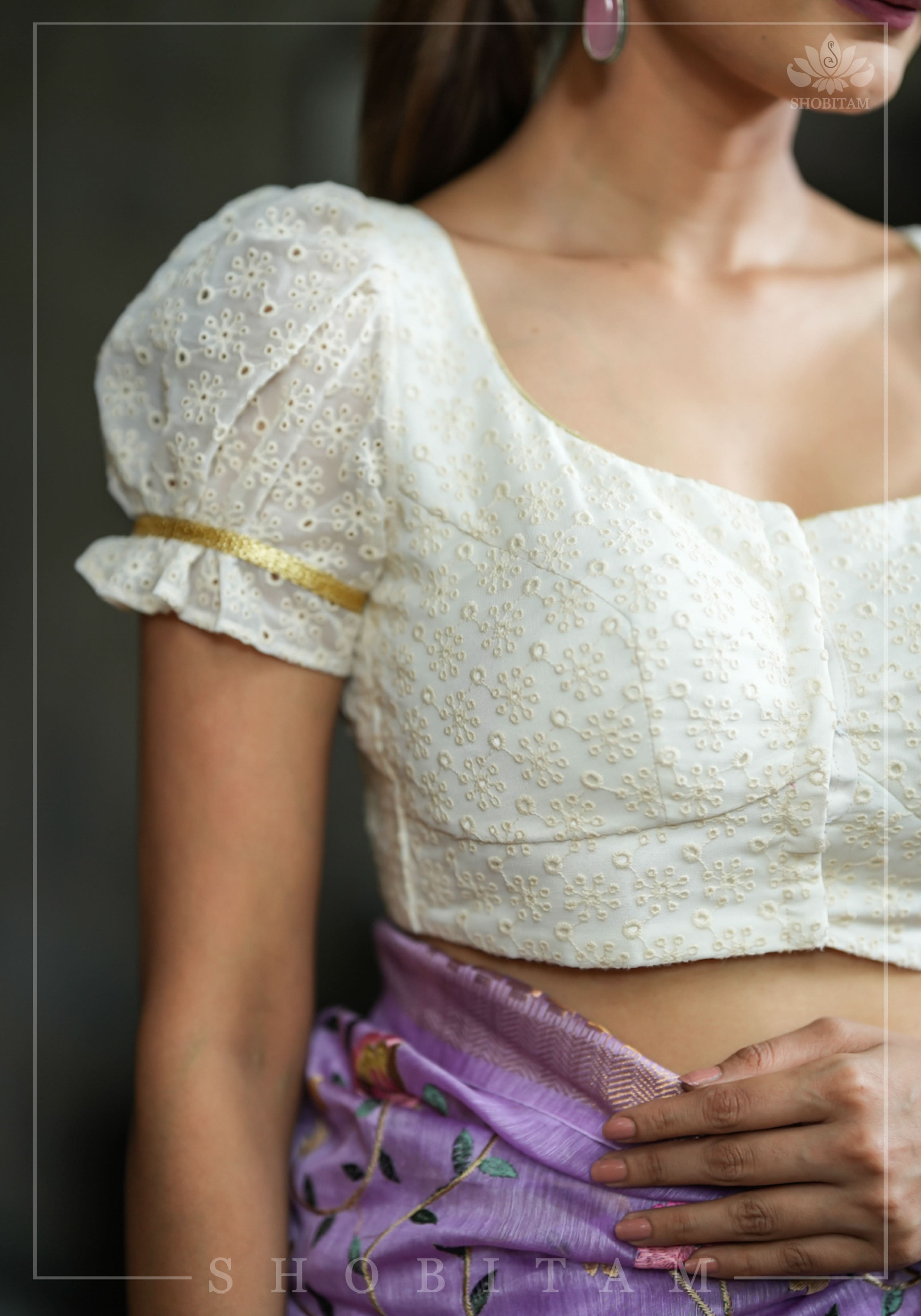 Eyelet Design Georgette Blouse with Puff Sleeves and embroidery detailing back! | Shobitam